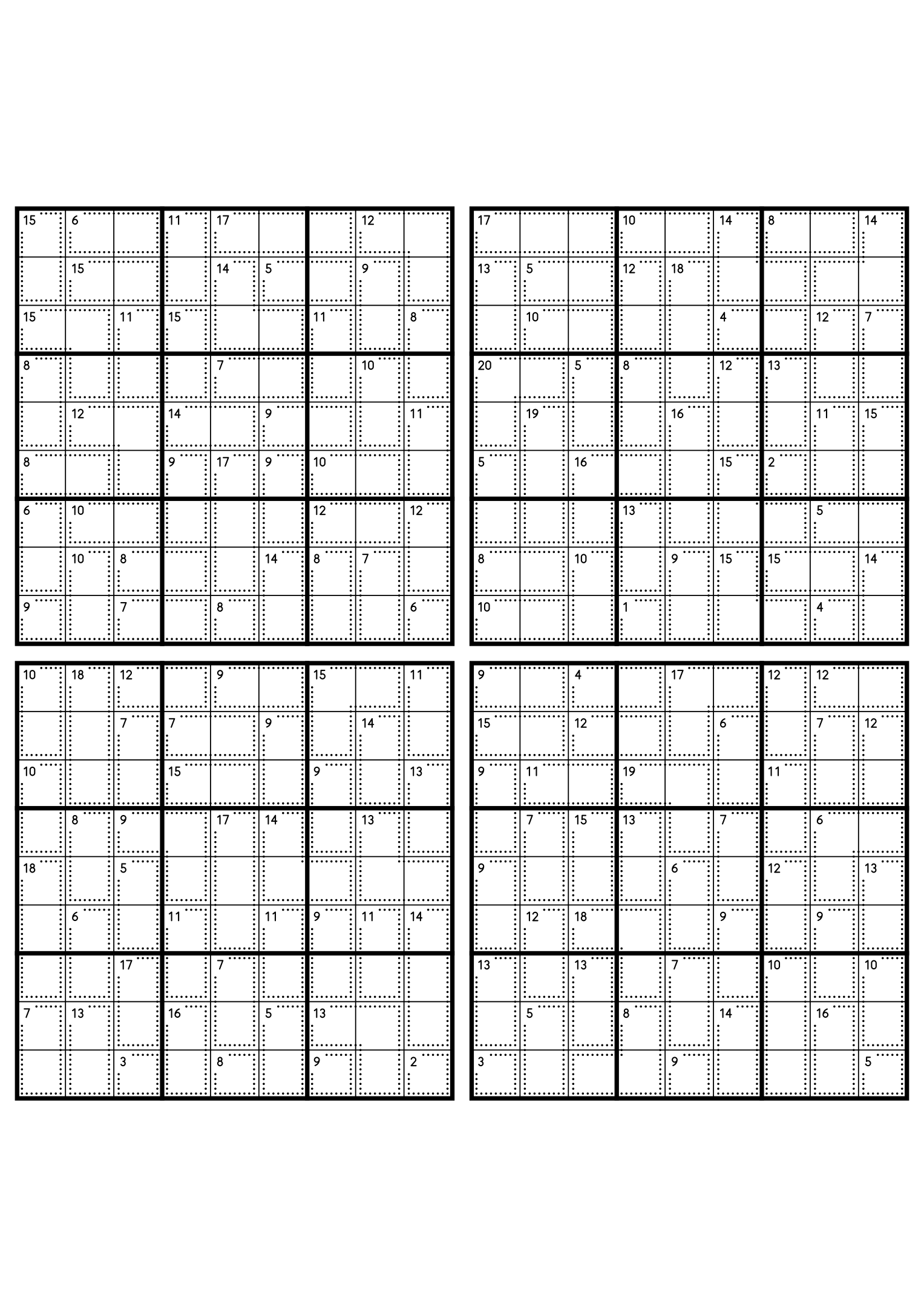 Four medium 9x9 killer sudoku grids with no given digit, only dotted cages and their sums. Level: Medium, 4 puzzles per page. Variant 7.