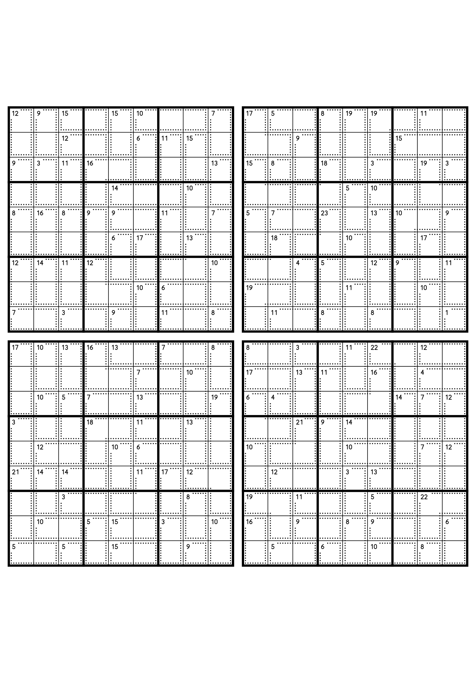 Four medium 9x9 killer sudoku grids with no given digit, only dotted cages and their sums. Level: Medium, 4 puzzles per page. Variant 8.