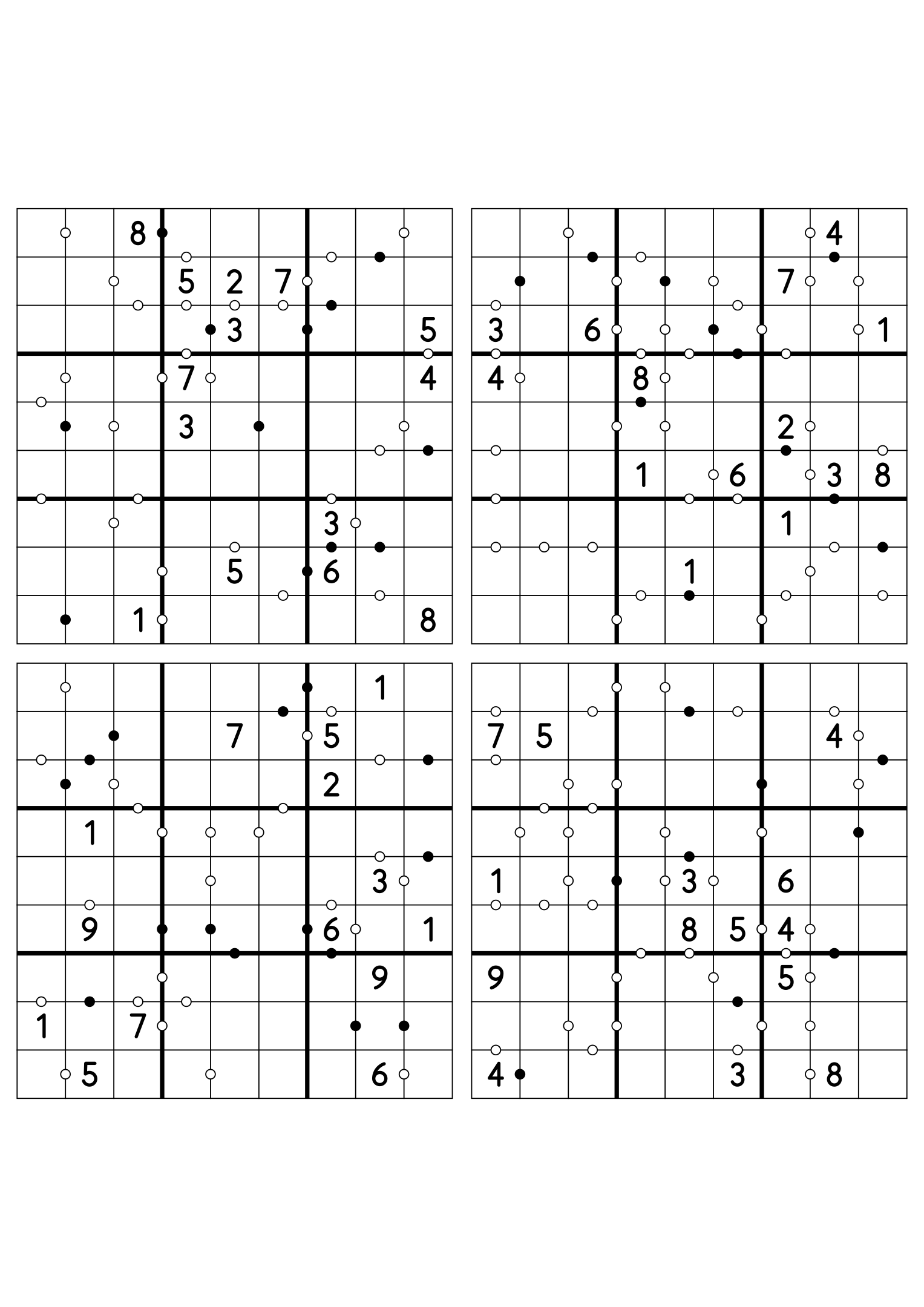 Four medium 9x9 Kropki sudokus on one sheet, fourteen digits given in each. Variant 1.