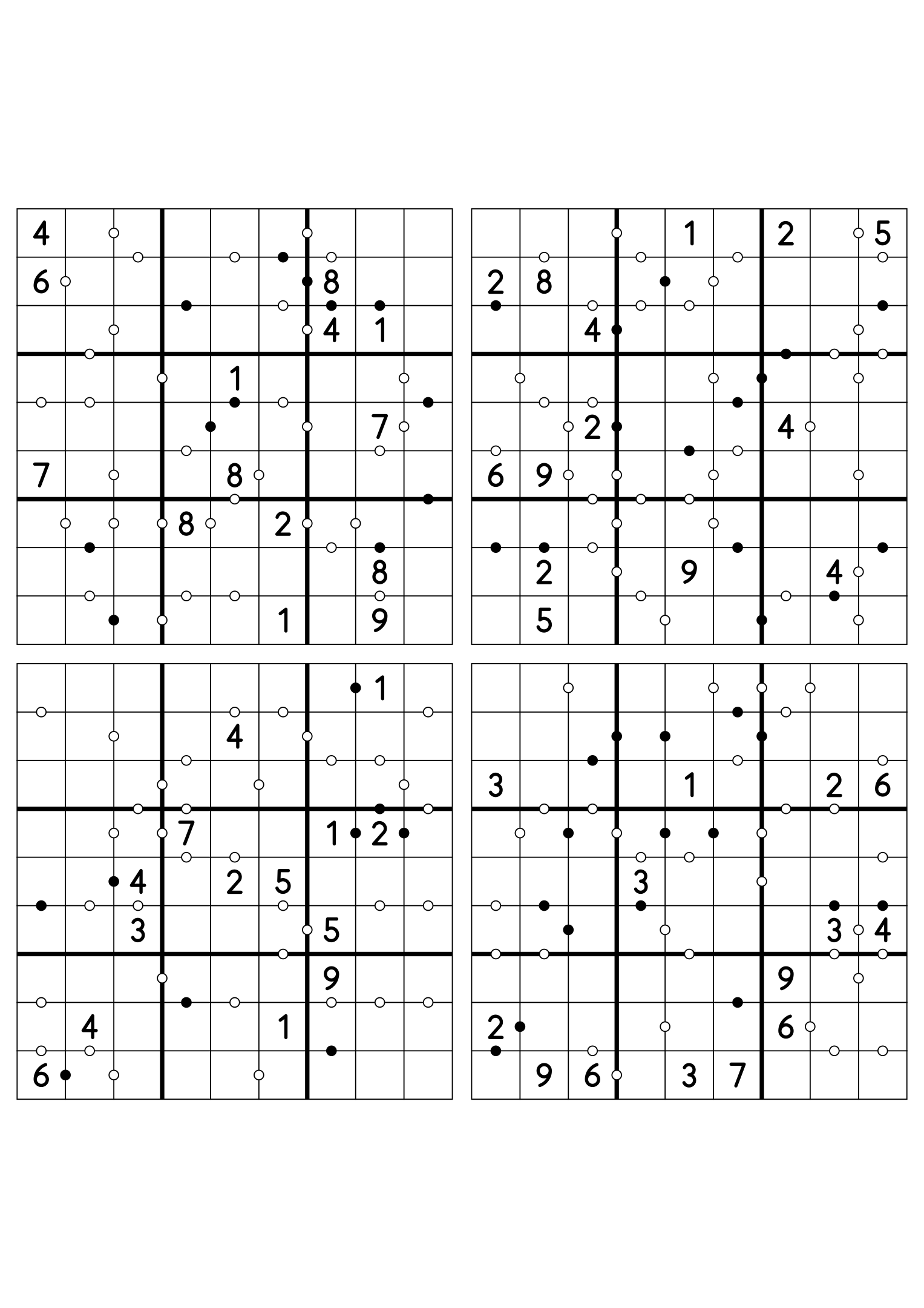 Four medium 9x9 Kropki sudokus on one sheet, fourteen digits given in each. Variant 2.