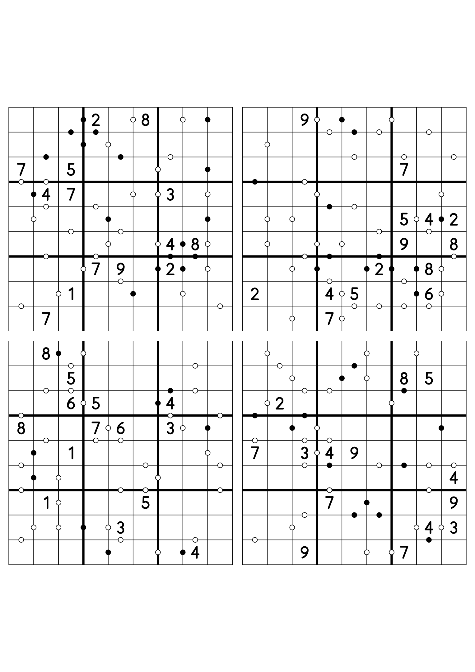 Four medium 9x9 Kropki sudokus on one sheet, fourteen digits given in each. Variant 3.