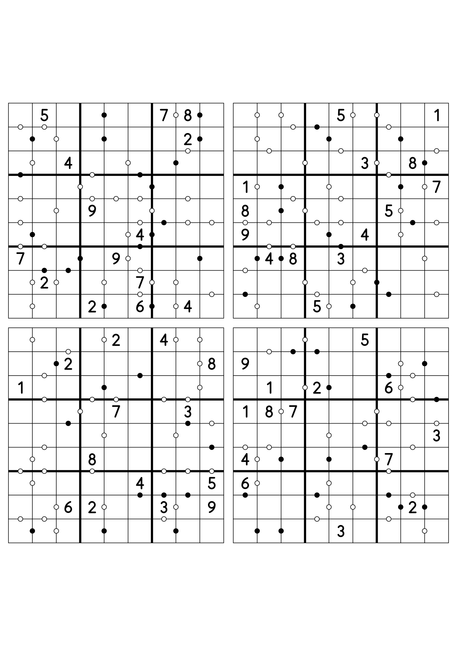 Four medium 9x9 Kropki sudokus on one sheet, fourteen digits given in each. Variant 4.