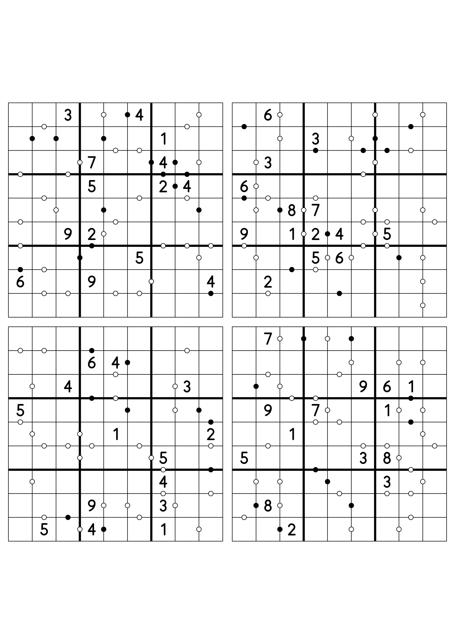 Four medium 9x9 Kropki sudokus on one sheet, fourteen digits given in each. Variant 5.