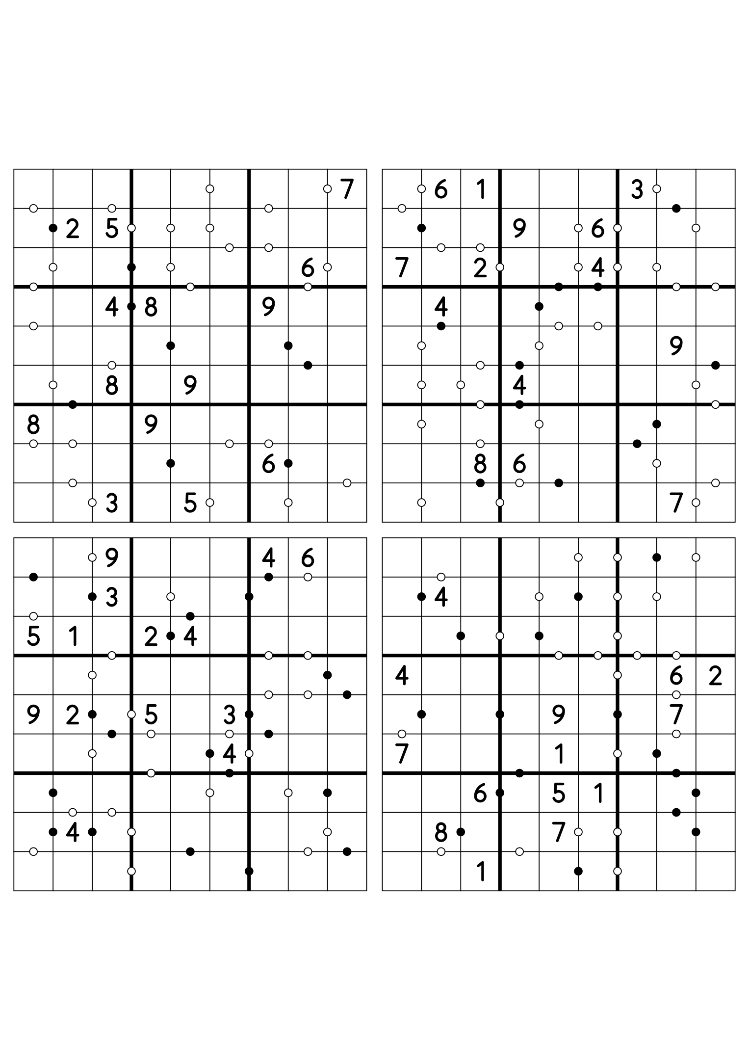 Four medium 9x9 Kropki sudokus on one sheet, fourteen digits given in each. Variant 6.