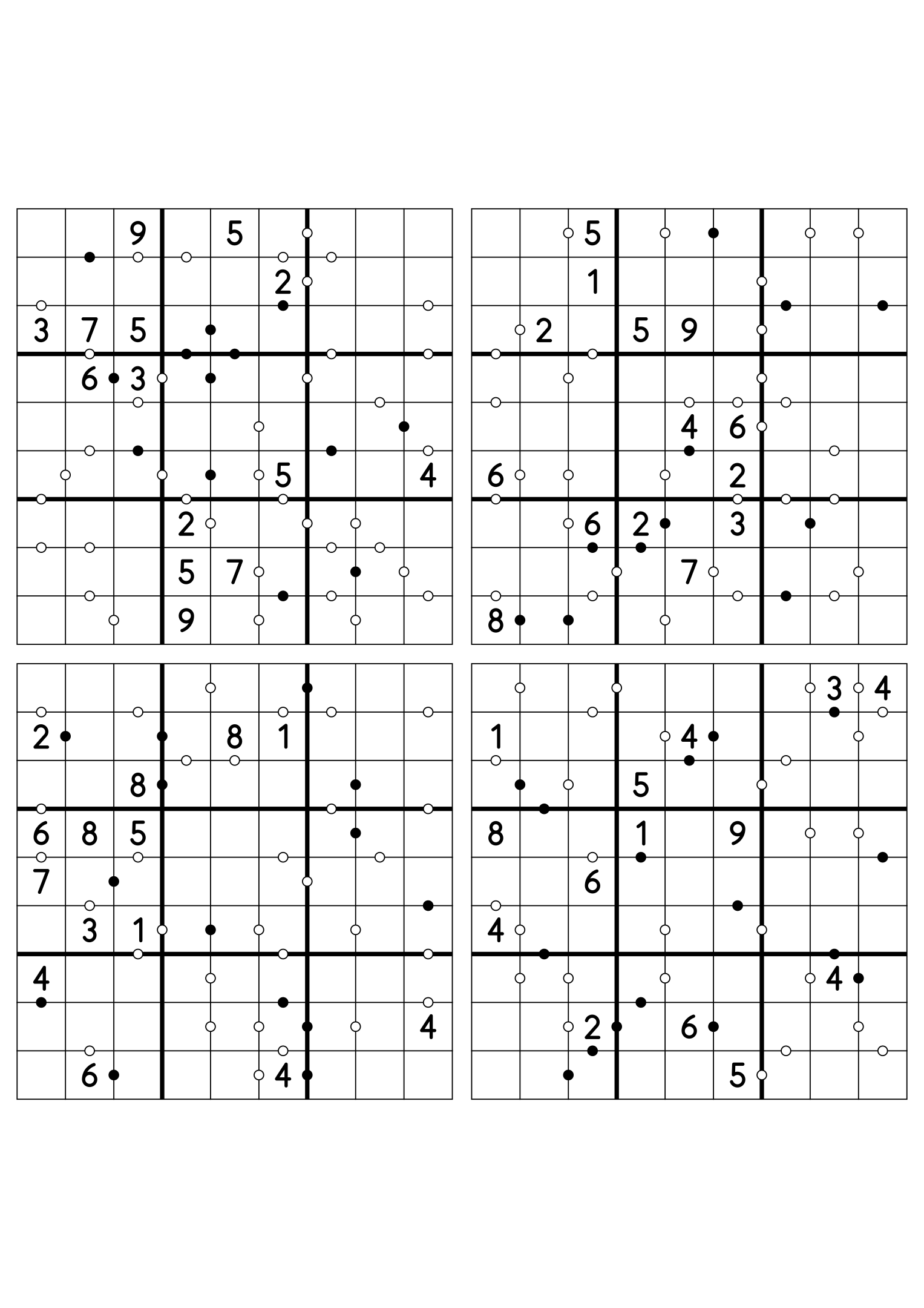 Four medium 9x9 Kropki sudokus on one sheet, fourteen digits given in each. Variant 7.