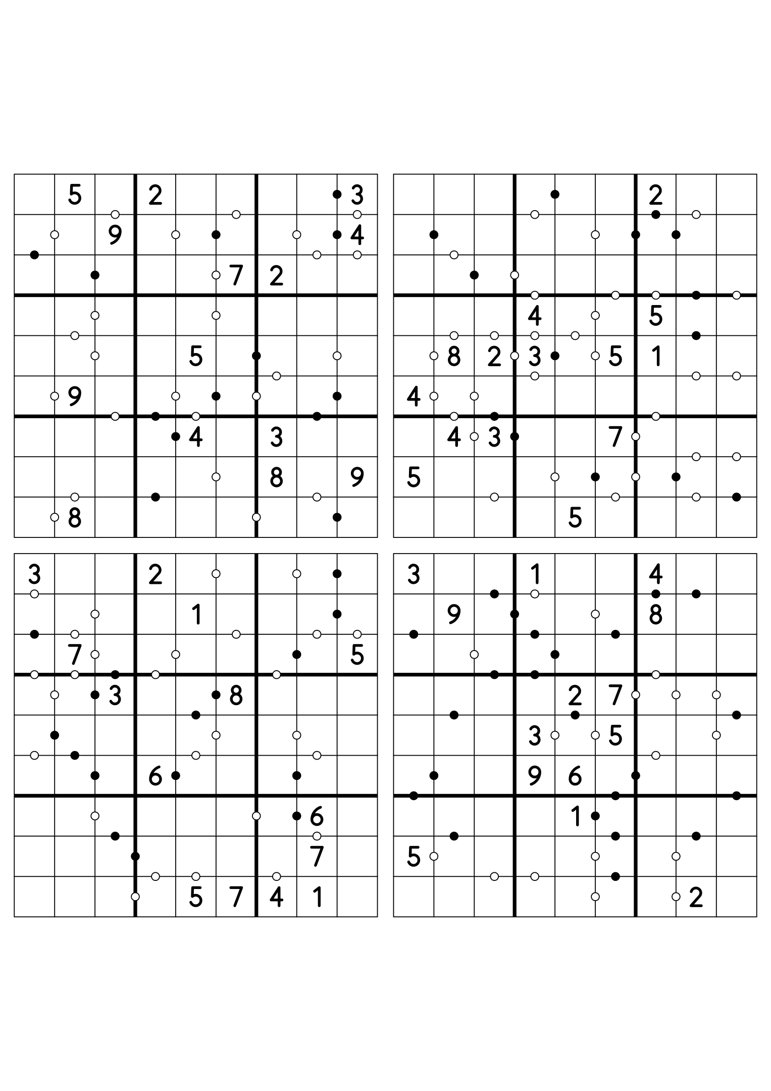 Four medium 9x9 Kropki sudokus on one sheet, fourteen digits given in each. Variant 8.