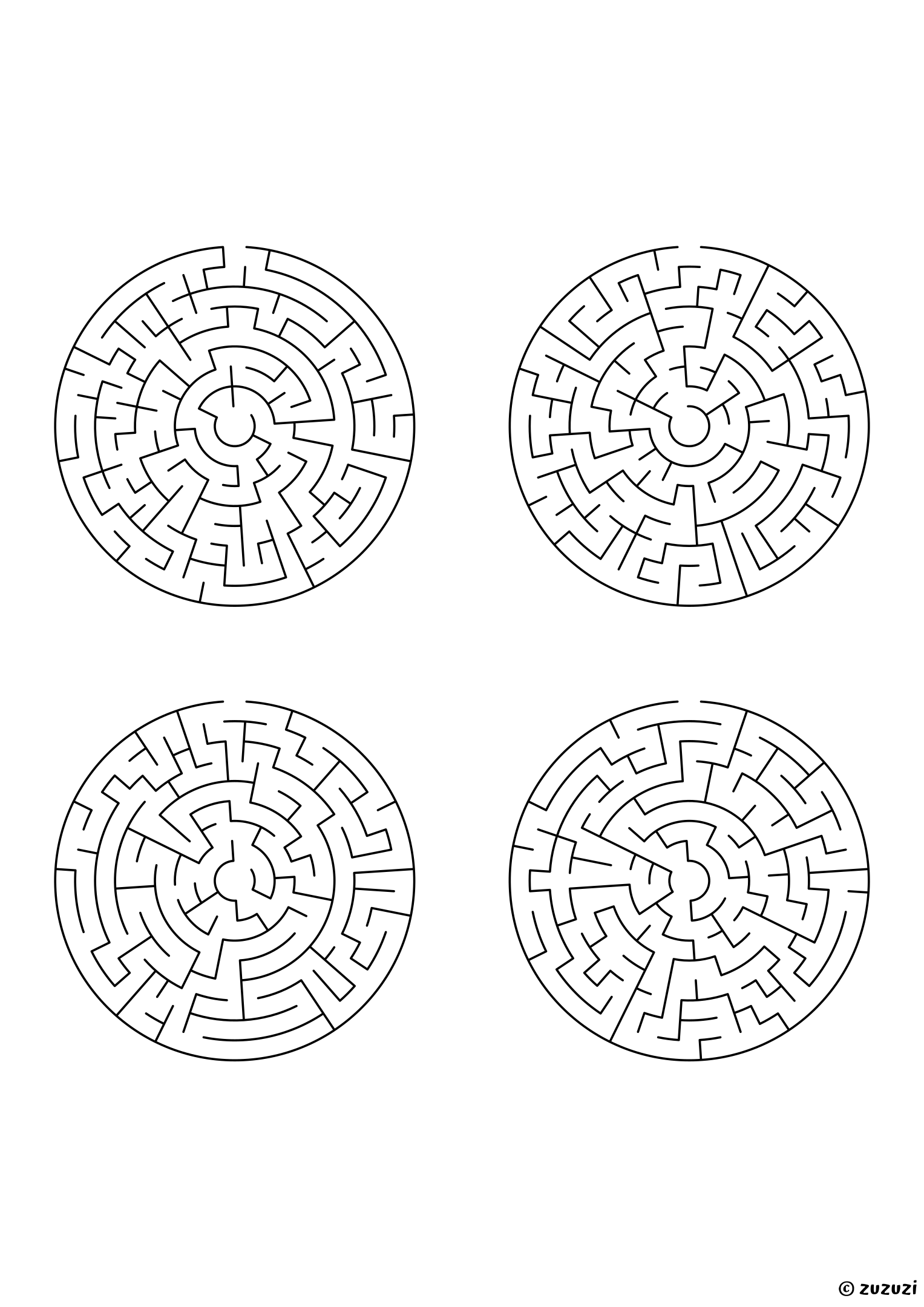 Medium circular mazes, black-and-white lines, designed for kids ready to practice problem-solving. 4 mazes per page, variant 1.