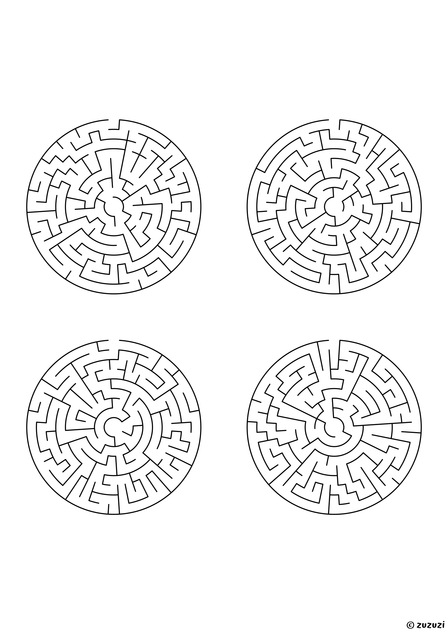 Medium circular mazes, black-and-white lines, designed for kids ready to practice problem-solving. 4 mazes per page, variant 2.