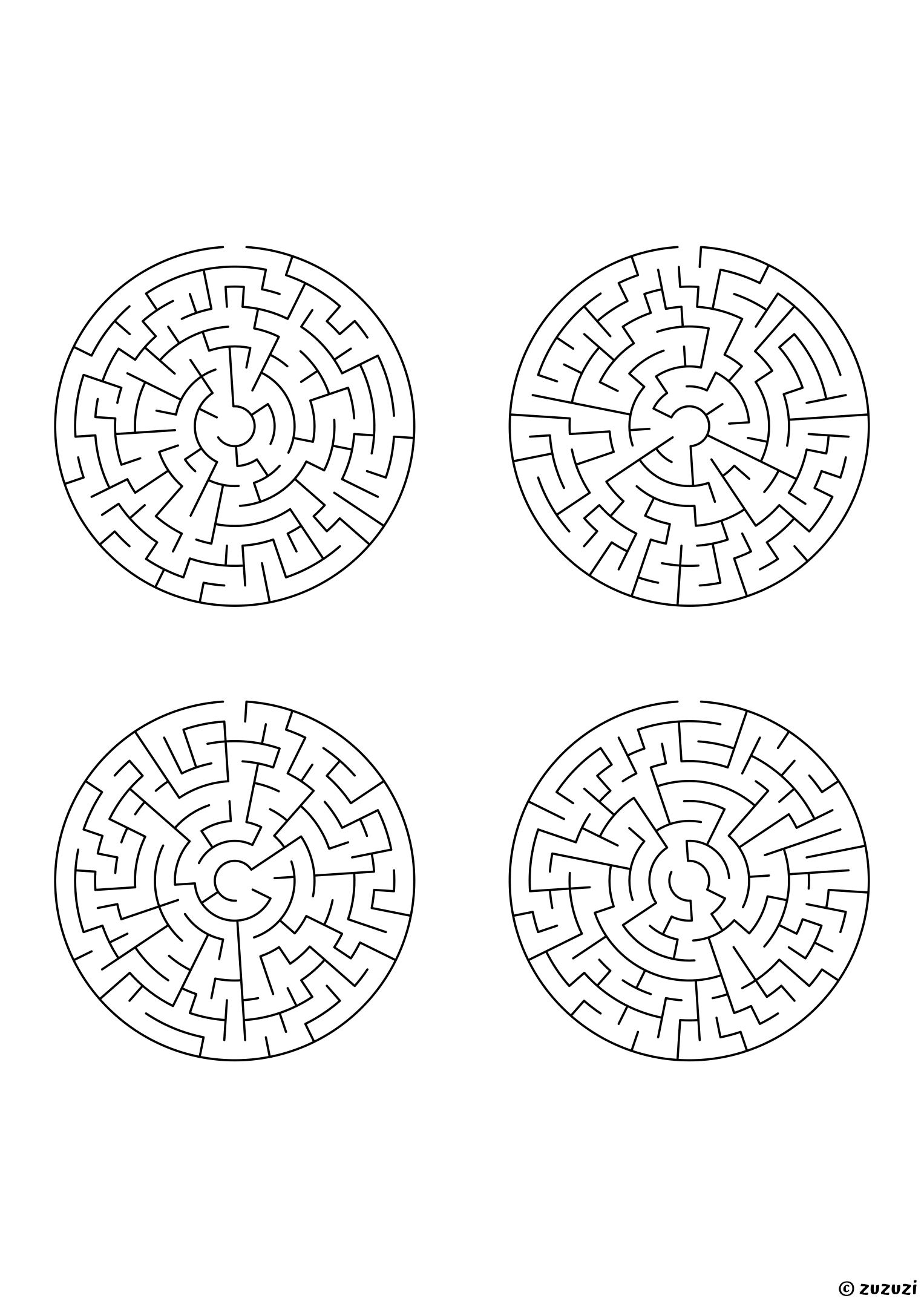 Medium circular mazes, black-and-white lines, designed for kids ready to practice problem-solving. 4 mazes per page, variant 3.