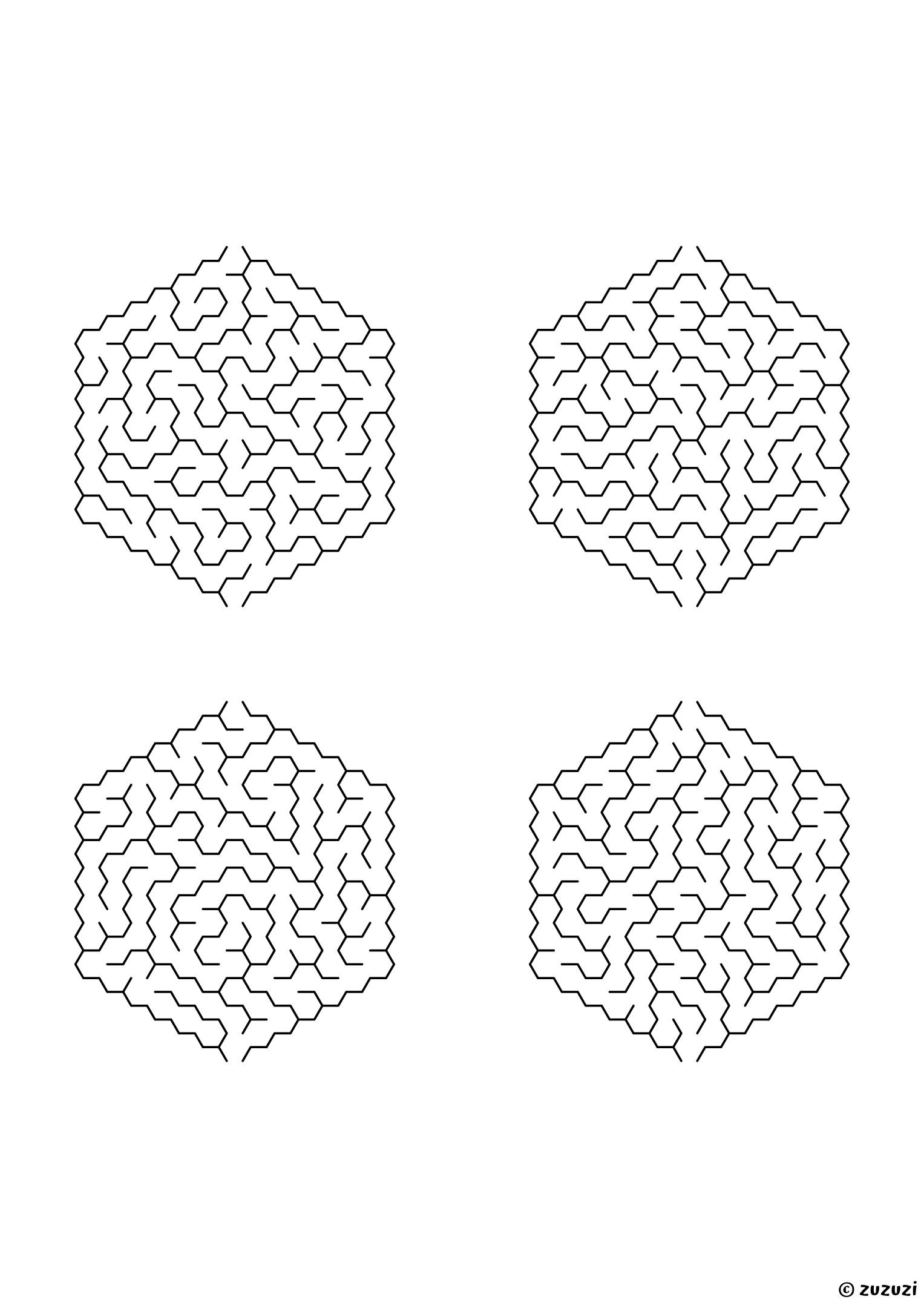Medium hexagonal mazes made of honeycomb cells, black-and-white lines, designed for kids ready to practice problem-solving. 4 mazes per page, variant 2.