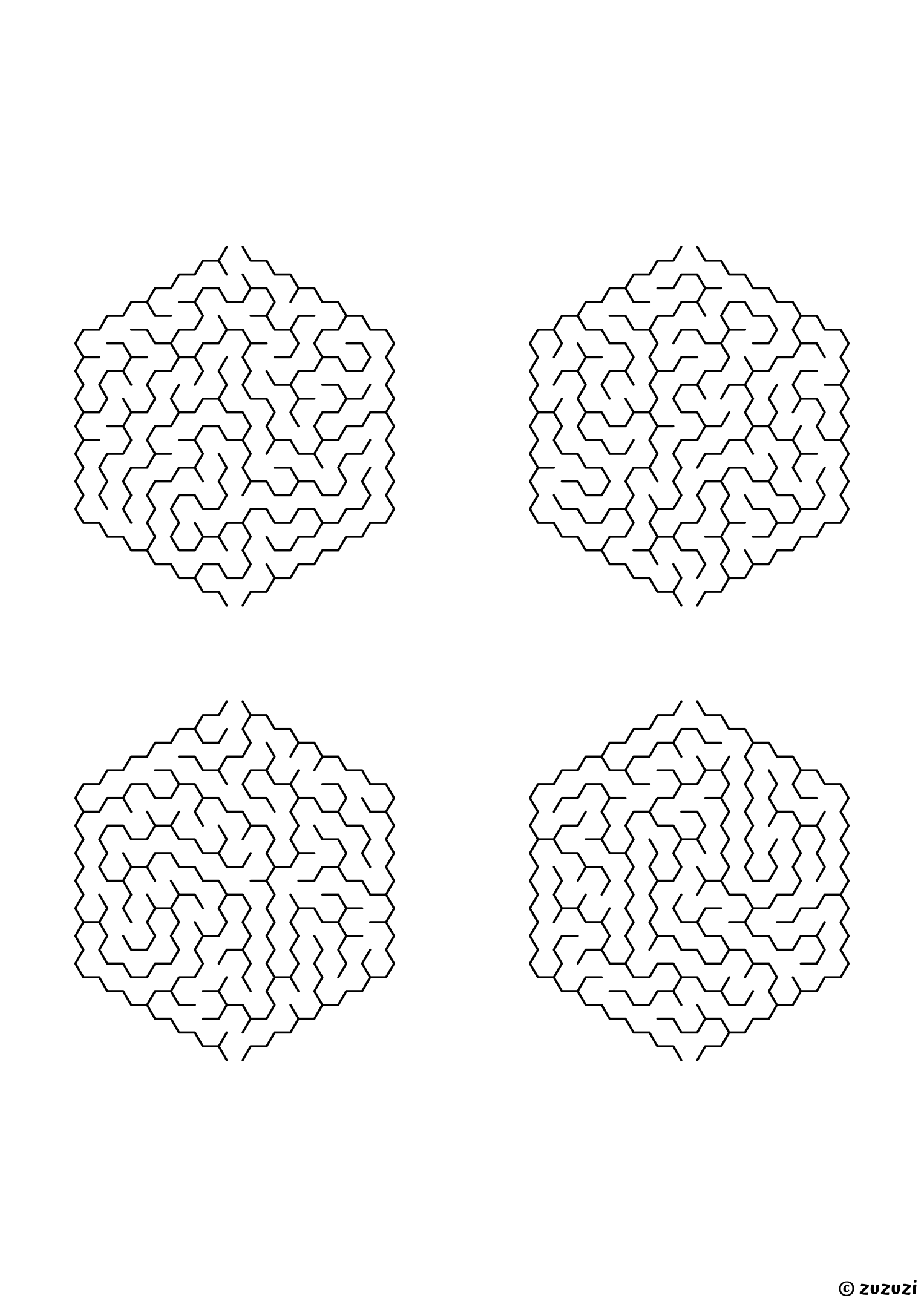 Medium hexagonal mazes made of honeycomb cells, black-and-white lines, designed for kids ready to practice problem-solving. 4 mazes per page, variant 3.