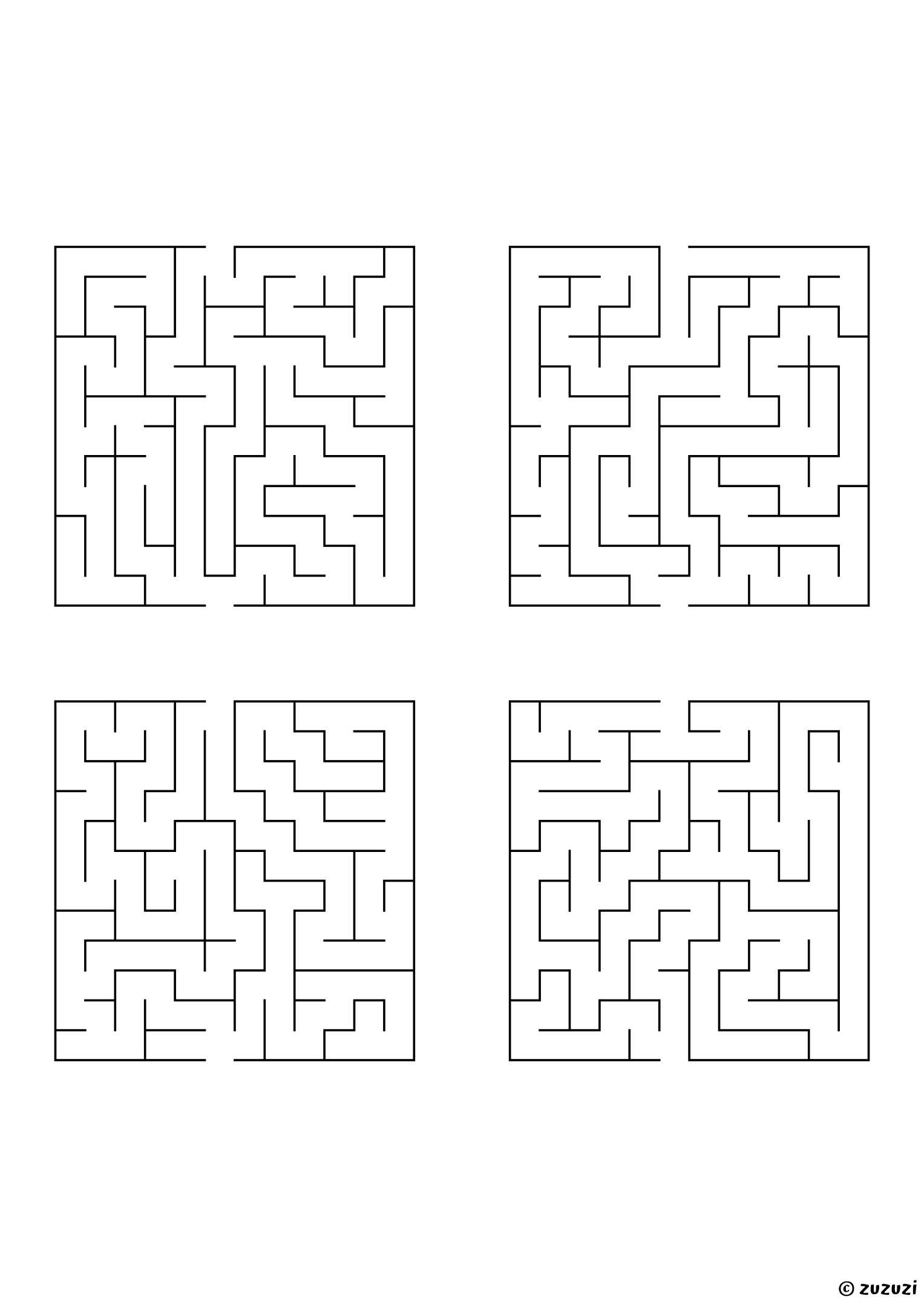 Medium rectangular mazes, black-and-white lines, designed for kids ready to practice problem-solving. 4 mazes per page, variant 1.