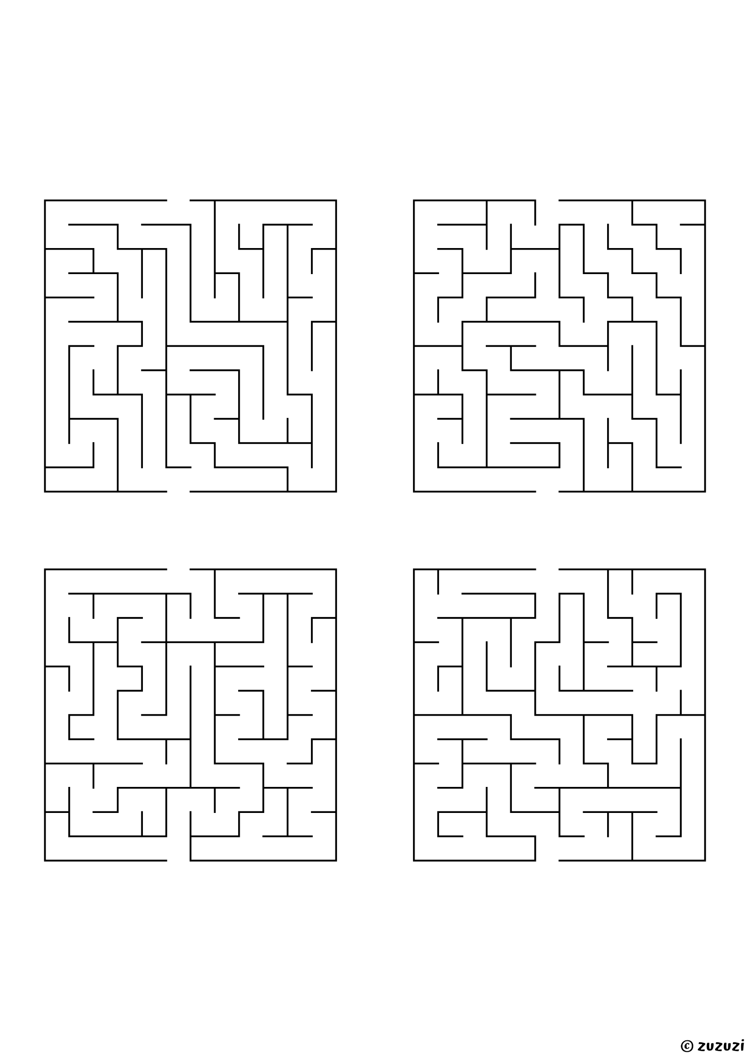 Medium rectangular mazes, black-and-white lines, designed for kids ready to practice problem-solving. 4 mazes per page, variant 2.