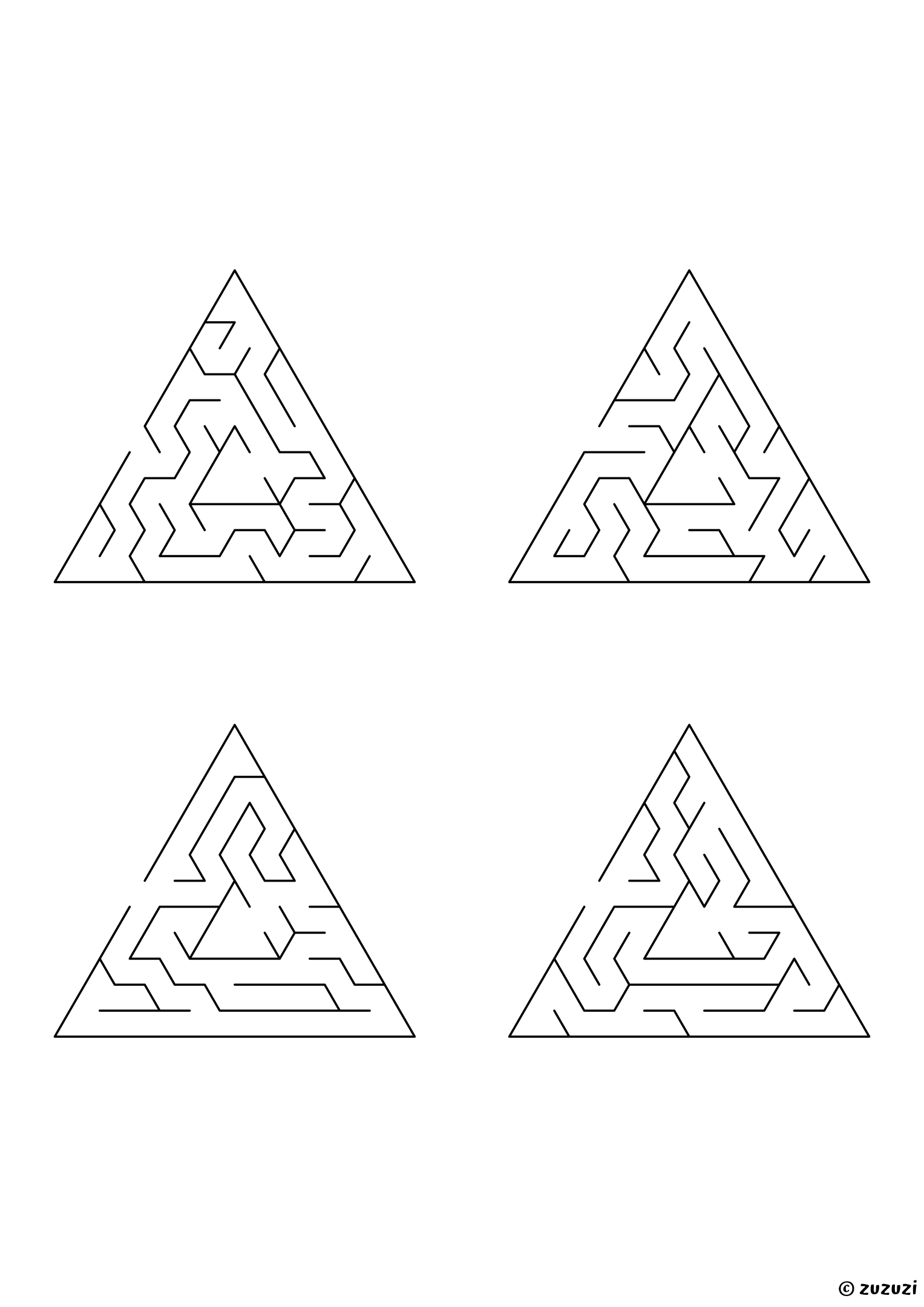 Medium triangular mazes, black-and-white lines, designed for kids ready to practice problem-solving. 4 mazes per page, variant 1.
