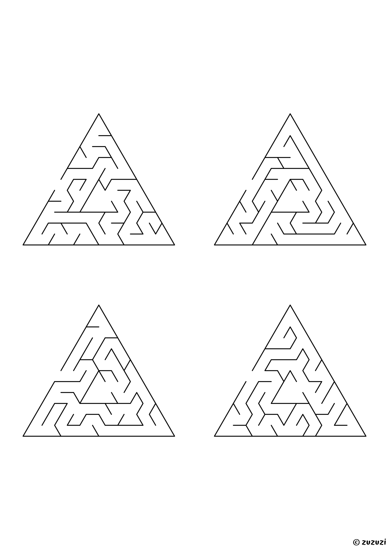 Medium triangular mazes, black-and-white lines, designed for kids ready to practice problem-solving. 4 mazes per page, variant 3.
