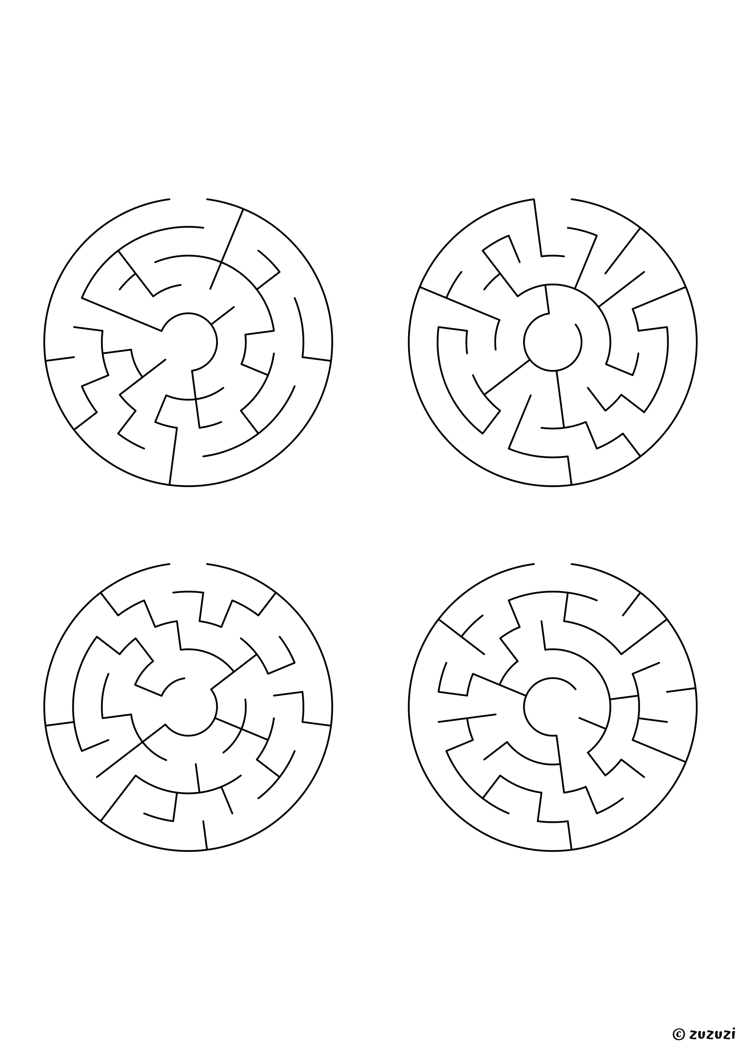 Very Easy circular mazes, black-and-white lines, designed for preschool and early learners. 4 mazes per page, variant 1.