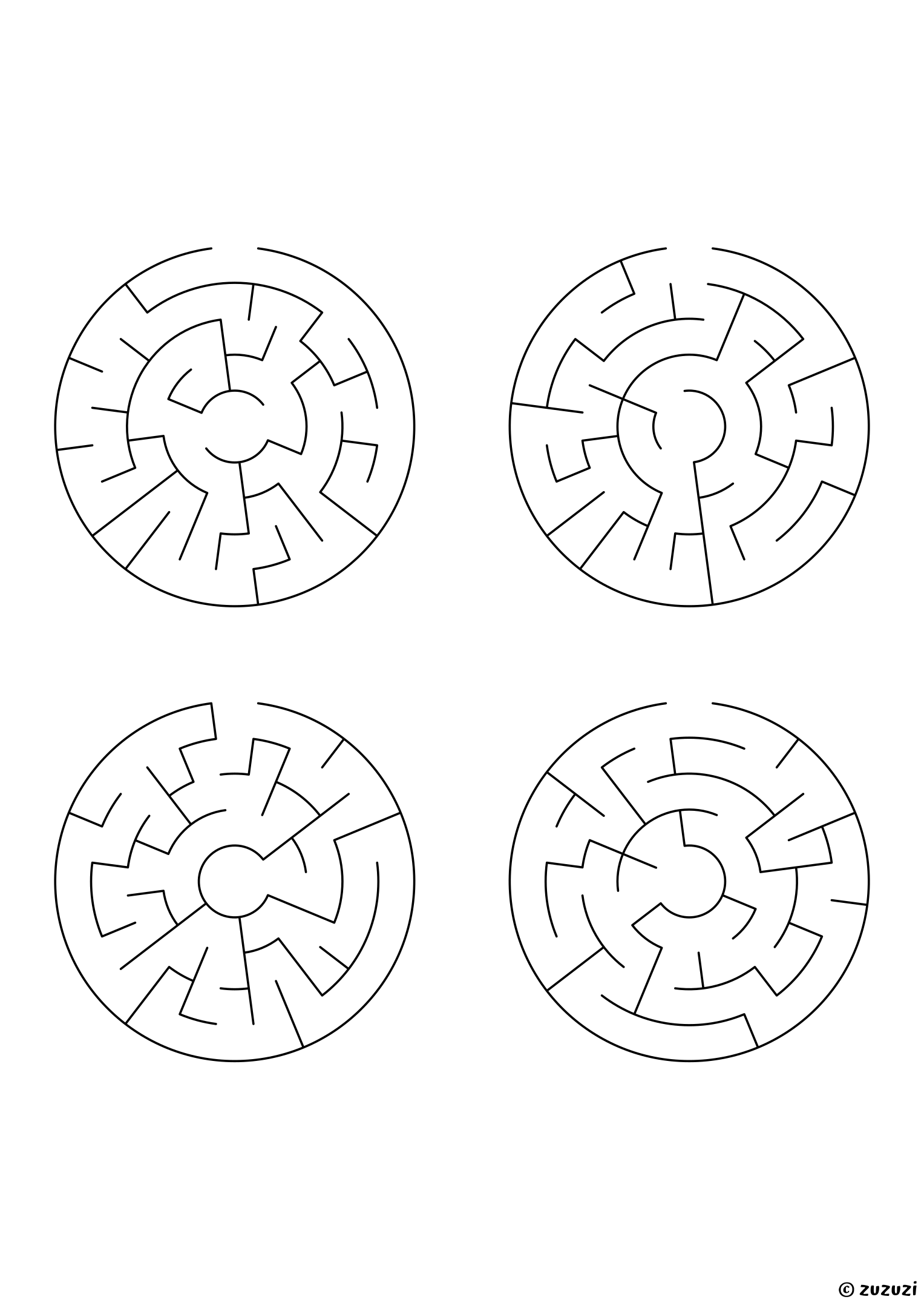 Very Easy circular mazes, black-and-white lines, designed for preschool and early learners. 4 mazes per page, variant 2.
