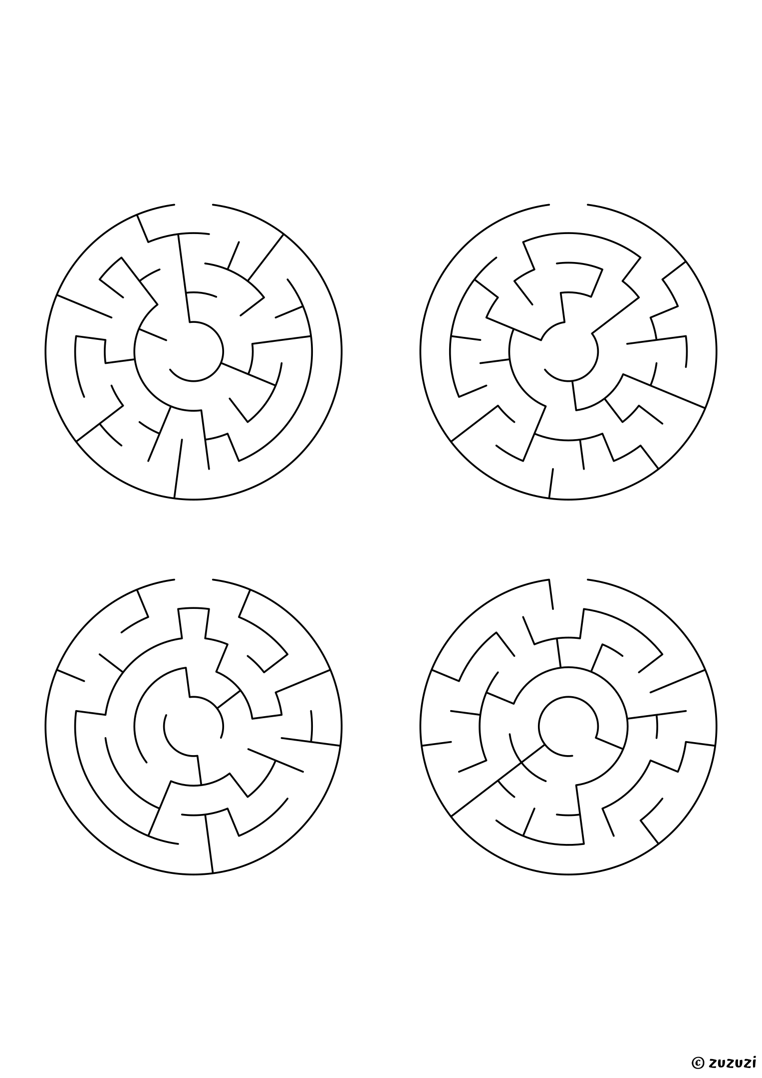 Very Easy circular mazes, black-and-white lines, designed for preschool and early learners. 4 mazes per page, variant 3.