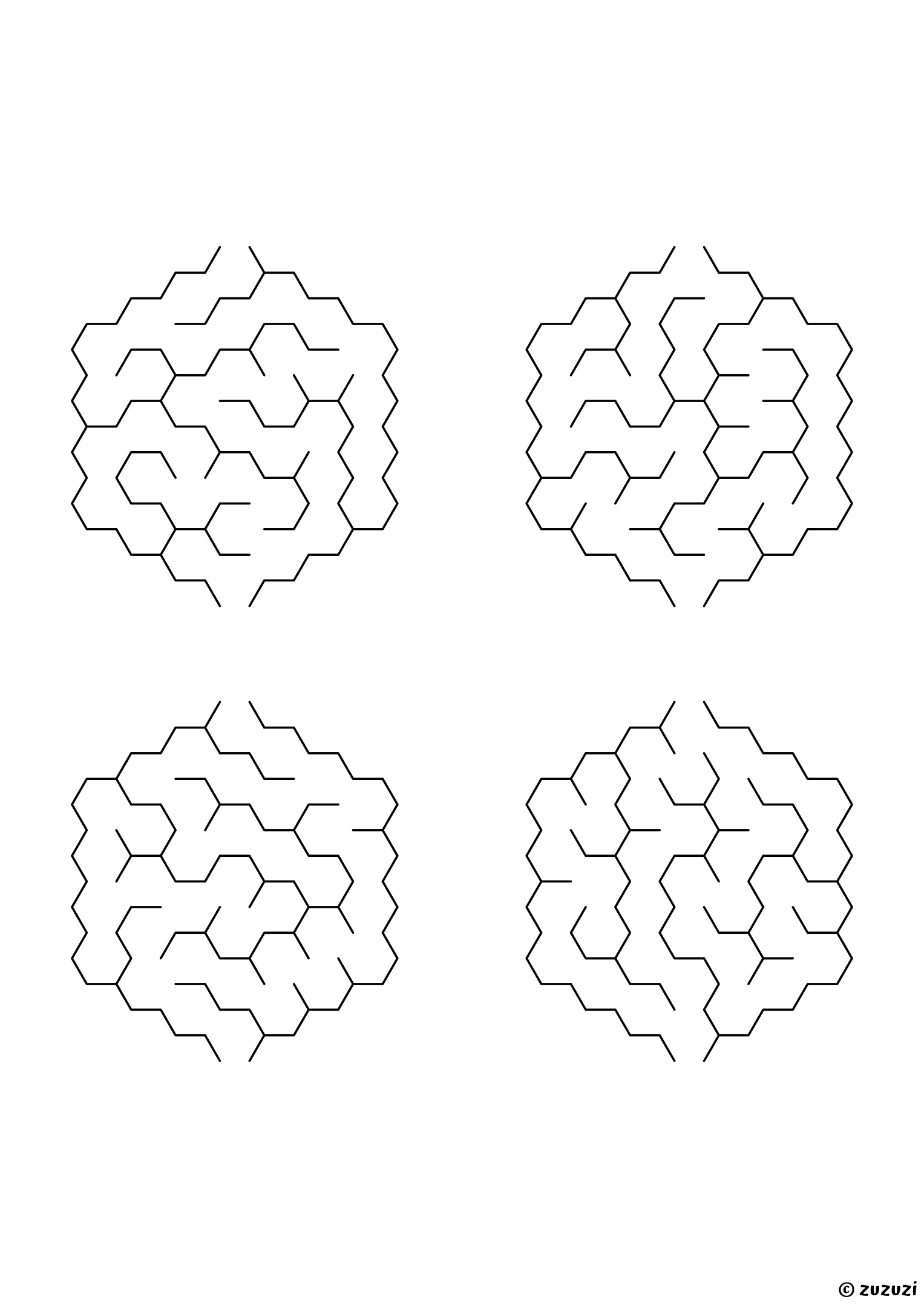 Very Easy hexagonal mazes made of honeycomb cells, black-and-white lines, designed for preschool and early learners. 4 mazes per page, variant 1.
