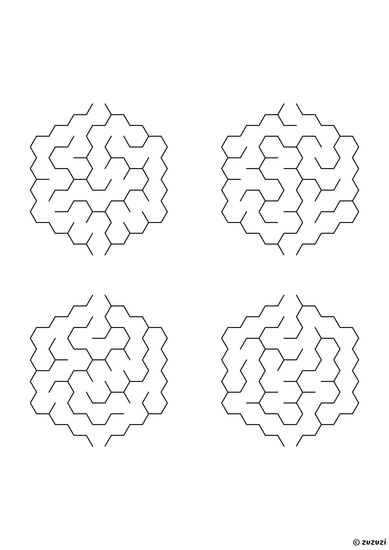 Very Easy hexagonal mazes made of honeycomb cells, black-and-white lines, designed for preschool and early learners. 4 mazes per page, variant 2.