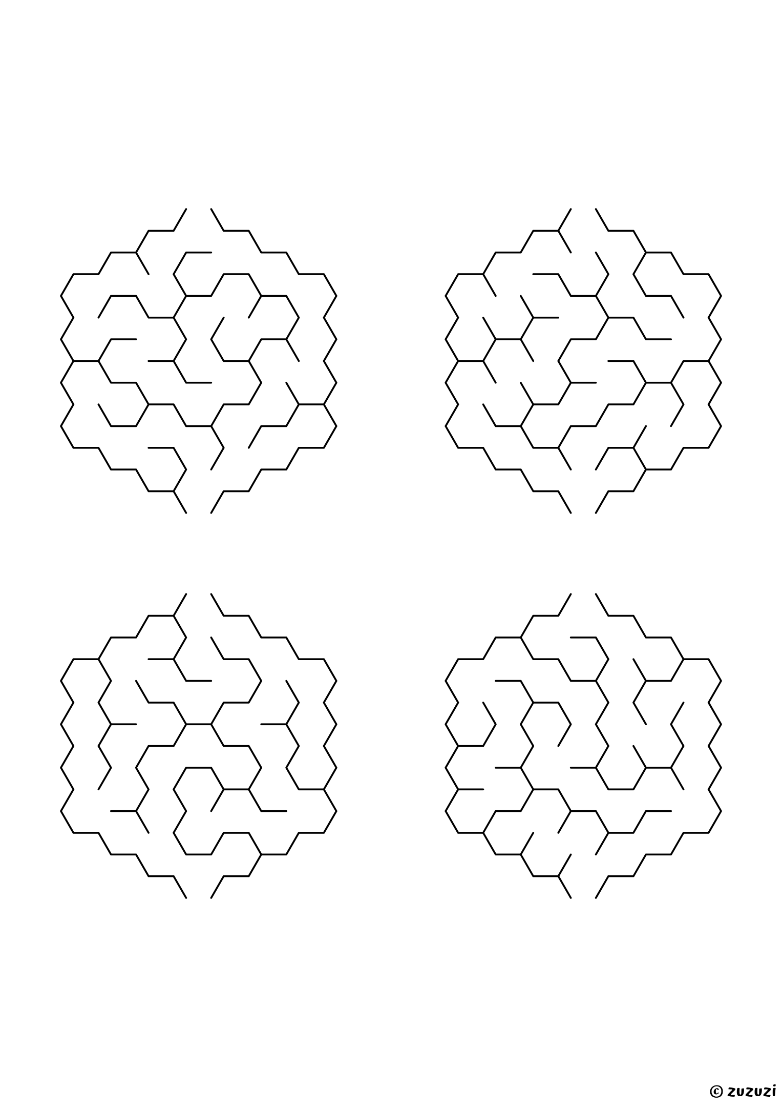 Very Easy hexagonal mazes made of honeycomb cells, black-and-white lines, designed for preschool and early learners. 4 mazes per page, variant 3.