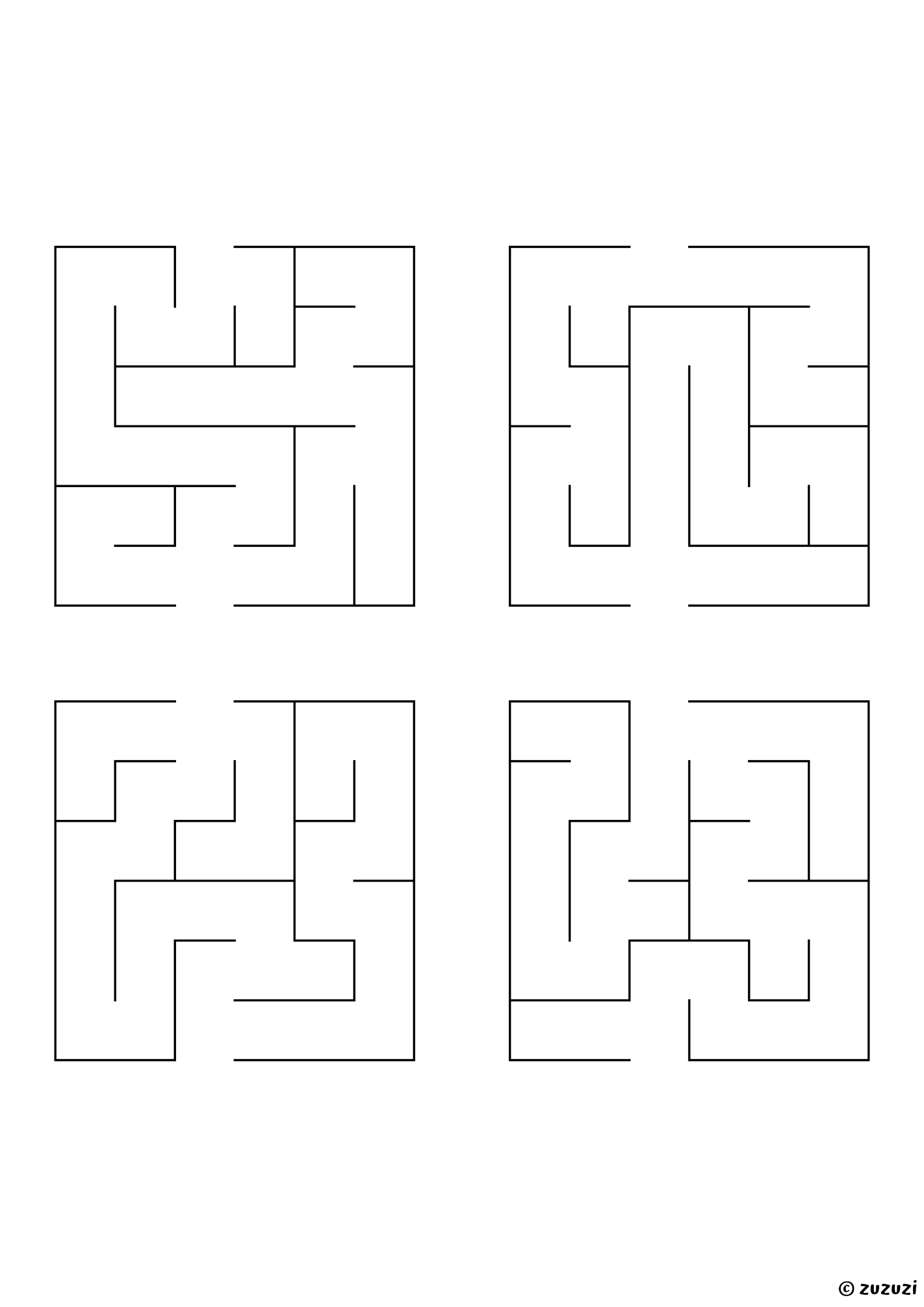 Very Easy rectangular mazes, black-and-white lines, designed for preschool and early learners. 4 mazes per page, variant 1.