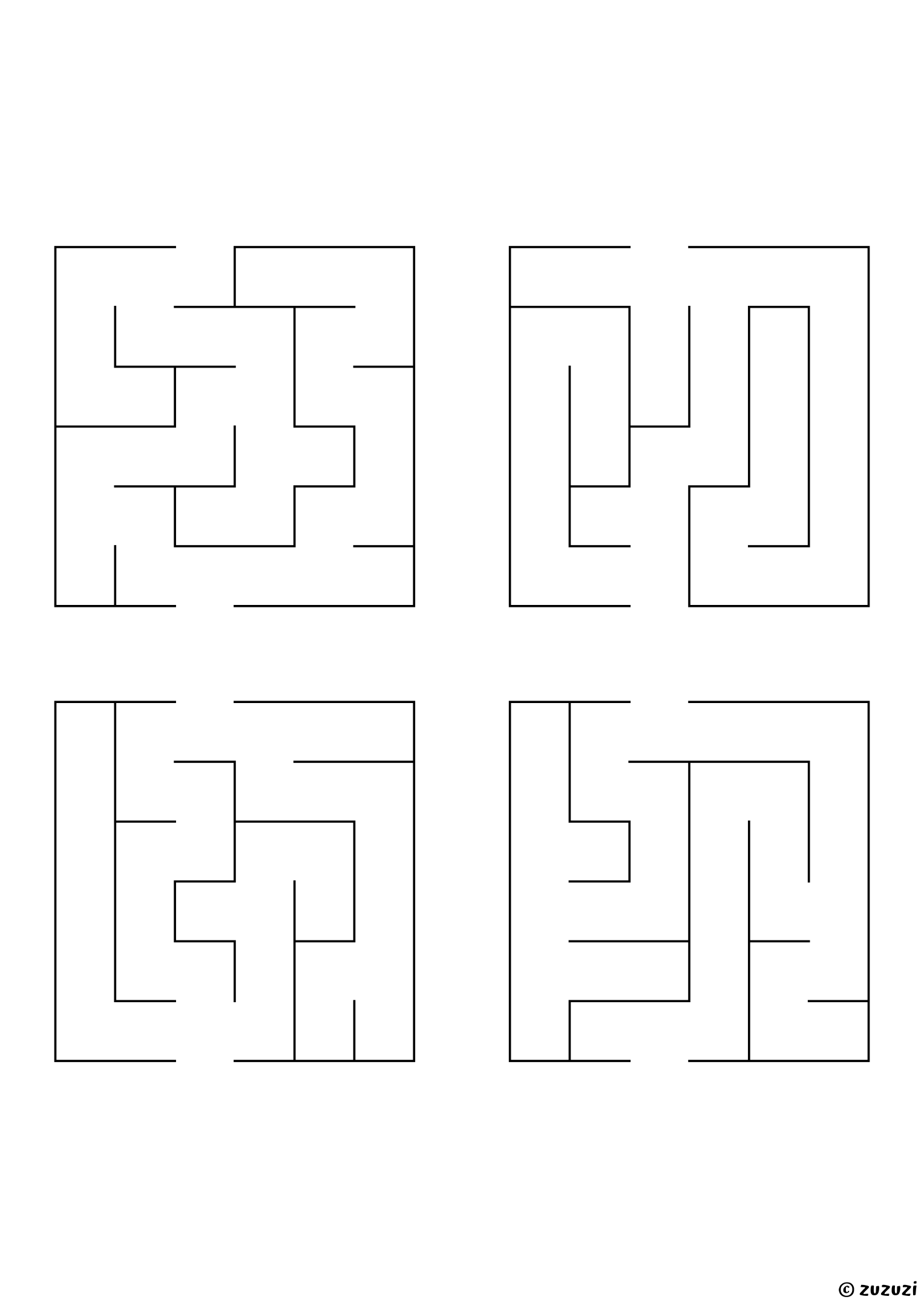 Very Easy rectangular mazes, black-and-white lines, designed for preschool and early learners. 4 mazes per page, variant 2.