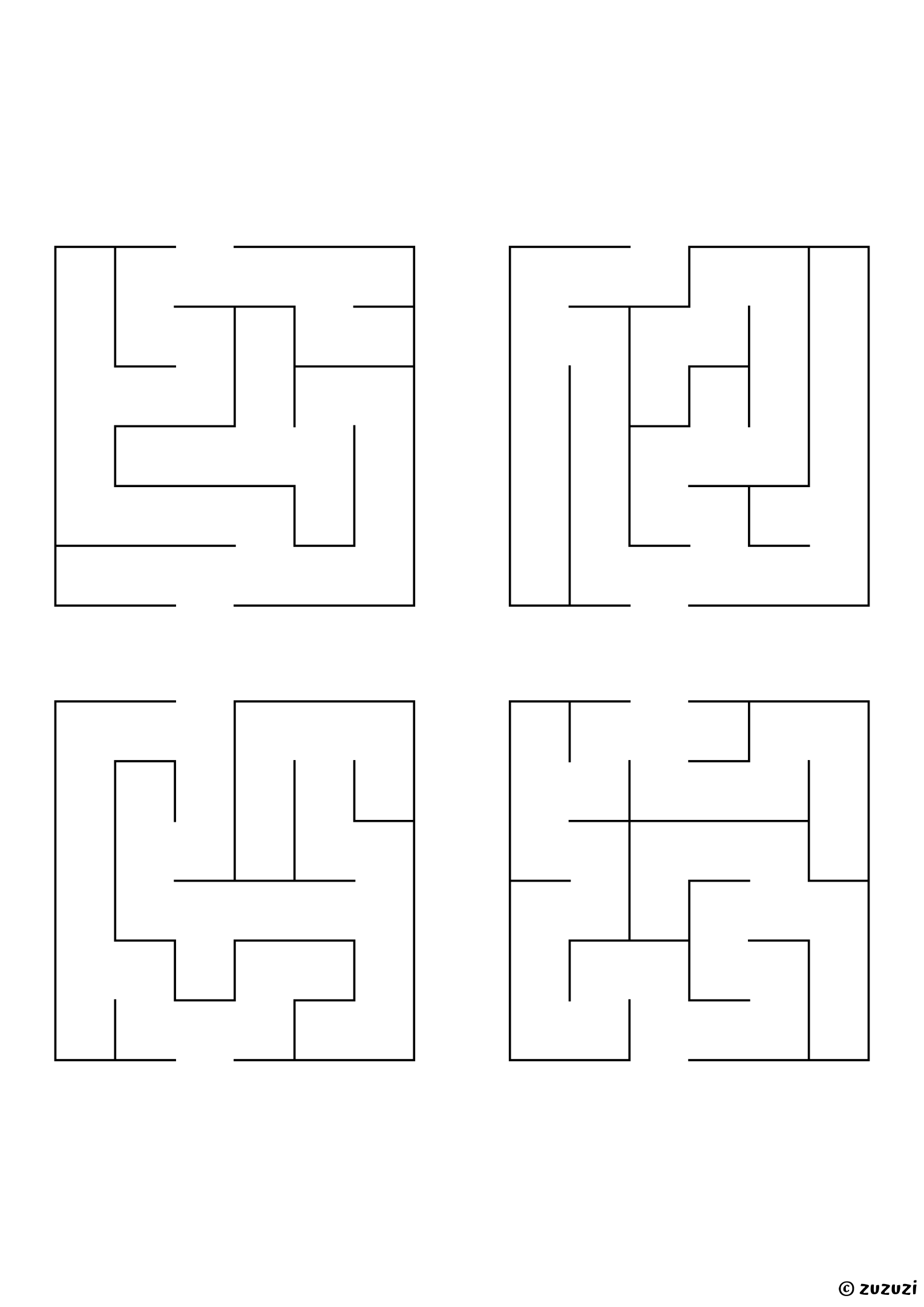 Very Easy rectangular mazes, black-and-white lines, designed for preschool and early learners. 4 mazes per page, variant 3.