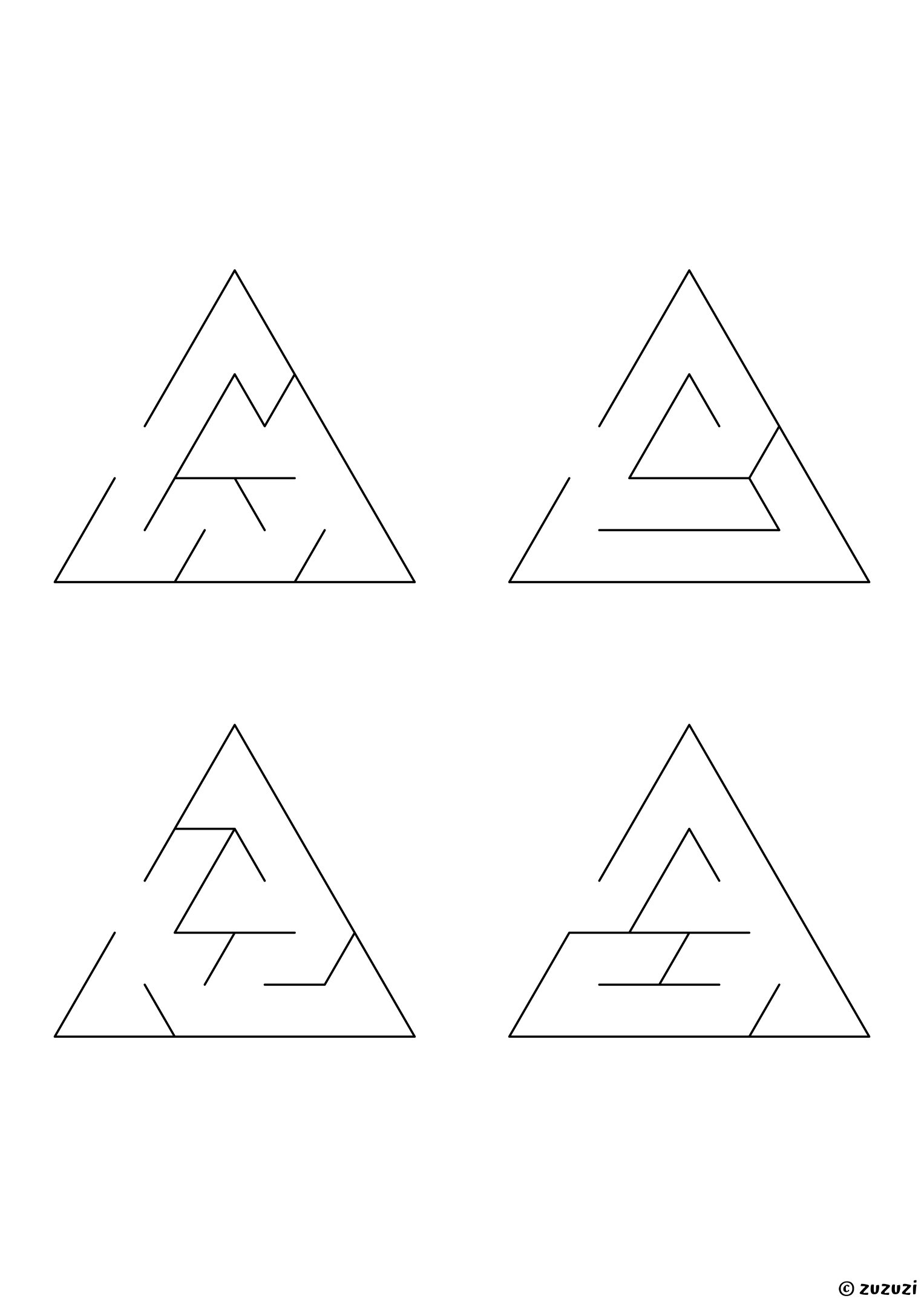 Very Easy triangular mazes, black-and-white lines, designed for preschool and early learners. 4 mazes per page, variant 1.