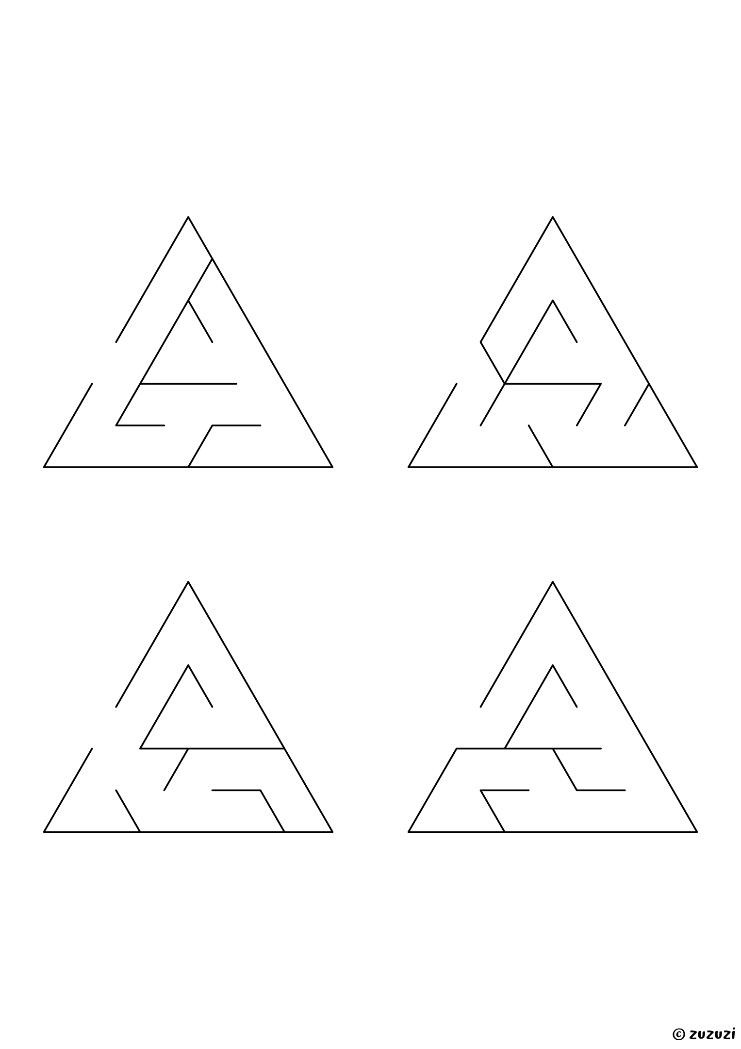 Very Easy triangular mazes, black-and-white lines, designed for preschool and early learners. 4 mazes per page, variant 2.