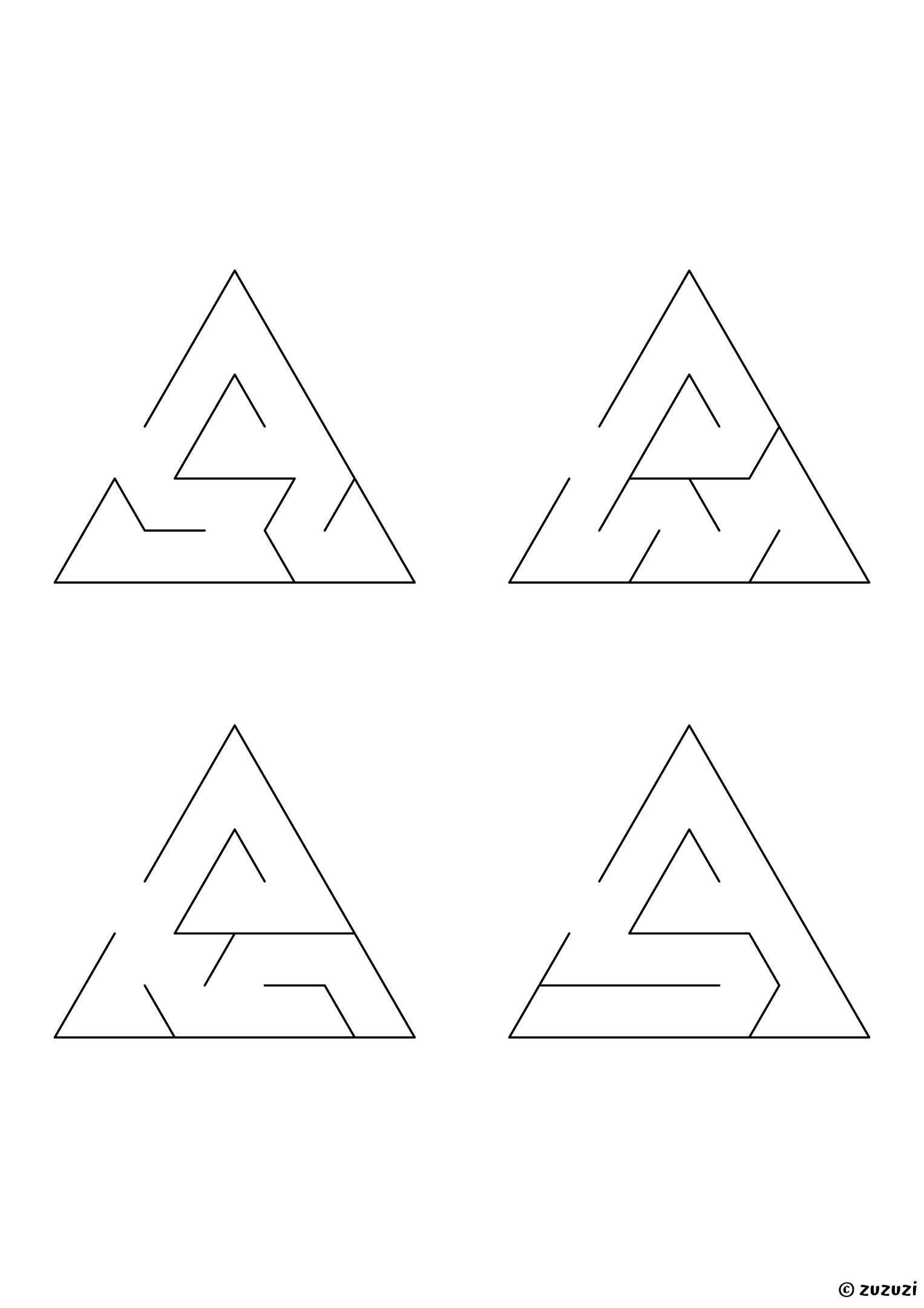 Very Easy triangular mazes, black-and-white lines, designed for preschool and early learners. 4 mazes per page, variant 3.