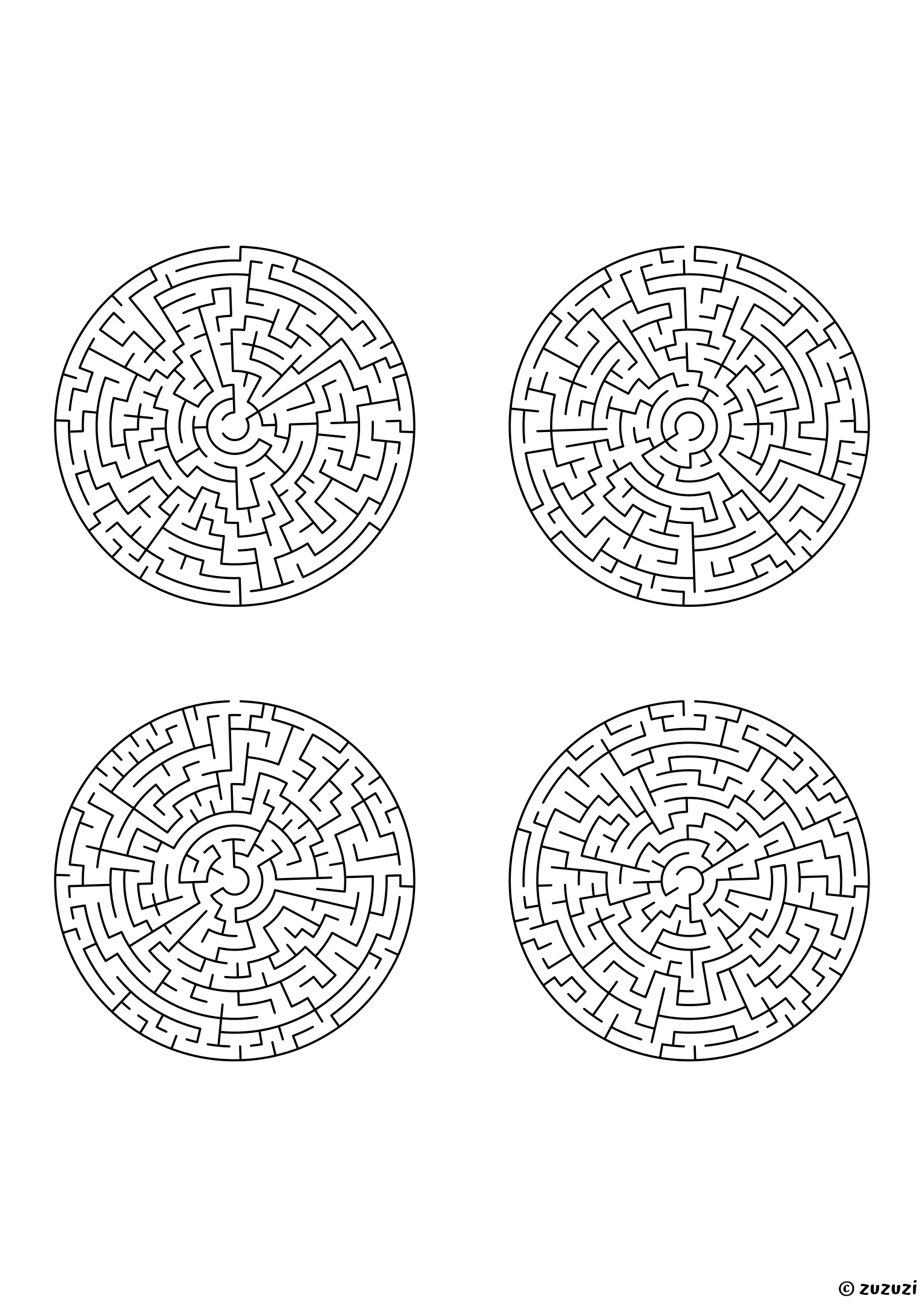 Very Hard circular mazes, black-and-white lines, designed for advanced young solvers. 4 mazes per page, variant 1.