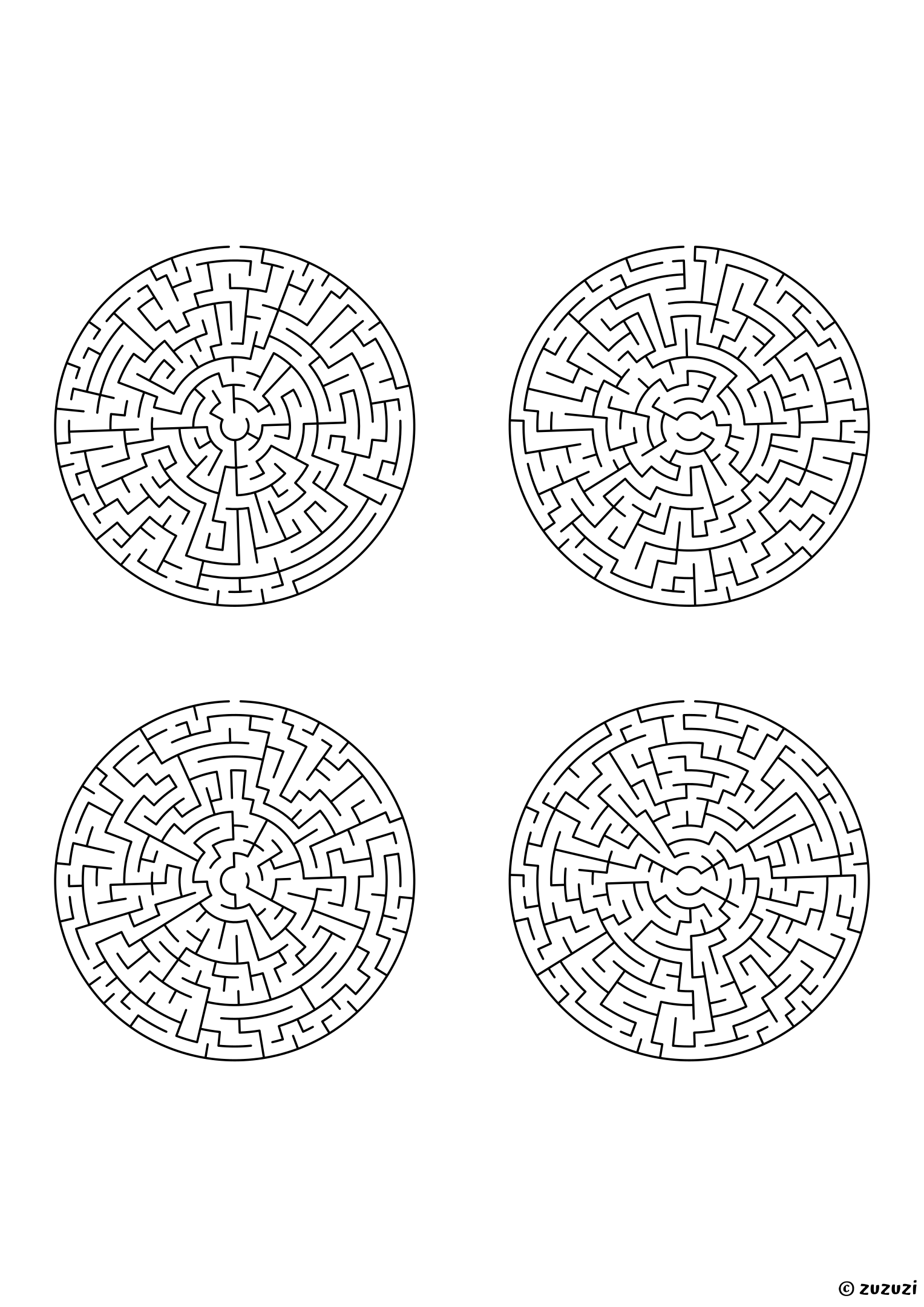 Very Hard circular mazes, black-and-white lines, designed for advanced young solvers. 4 mazes per page, variant 2.