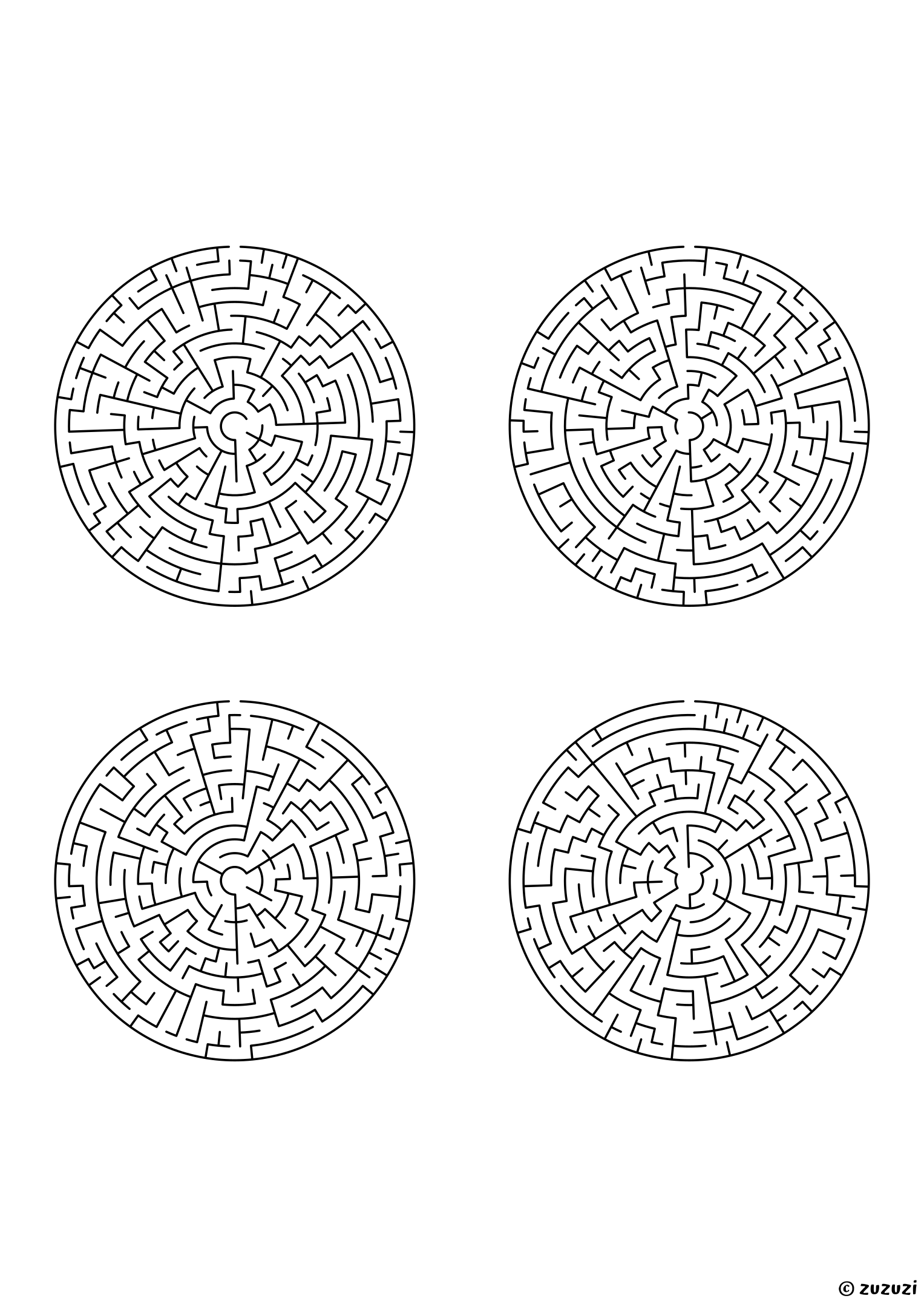 Very Hard circular mazes, black-and-white lines, designed for advanced young solvers. 4 mazes per page, variant 3.