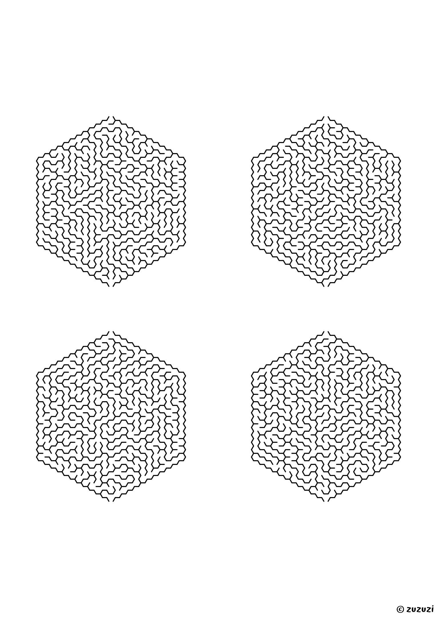 Very Hard hexagonal mazes made of honeycomb cells, black-and-white lines, designed for advanced young solvers. 4 mazes per page, variant 2.