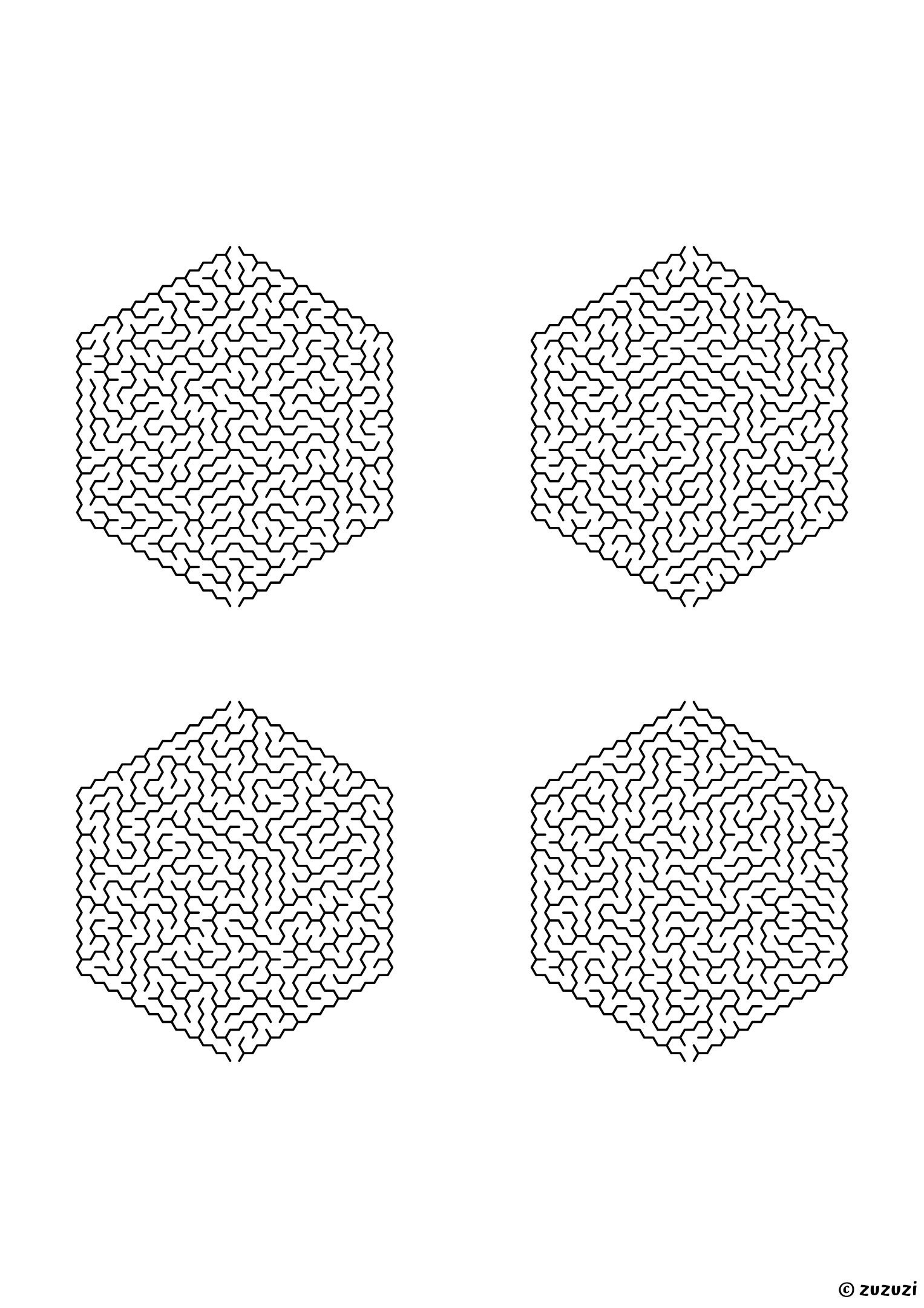 Very Hard hexagonal mazes made of honeycomb cells, black-and-white lines, designed for advanced young solvers. 4 mazes per page, variant 3.