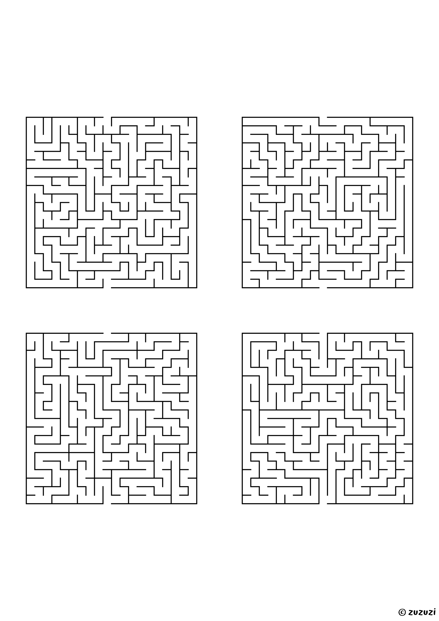 Very Hard rectangular mazes, black-and-white lines, designed for advanced young solvers. 4 mazes per page, variant 1.