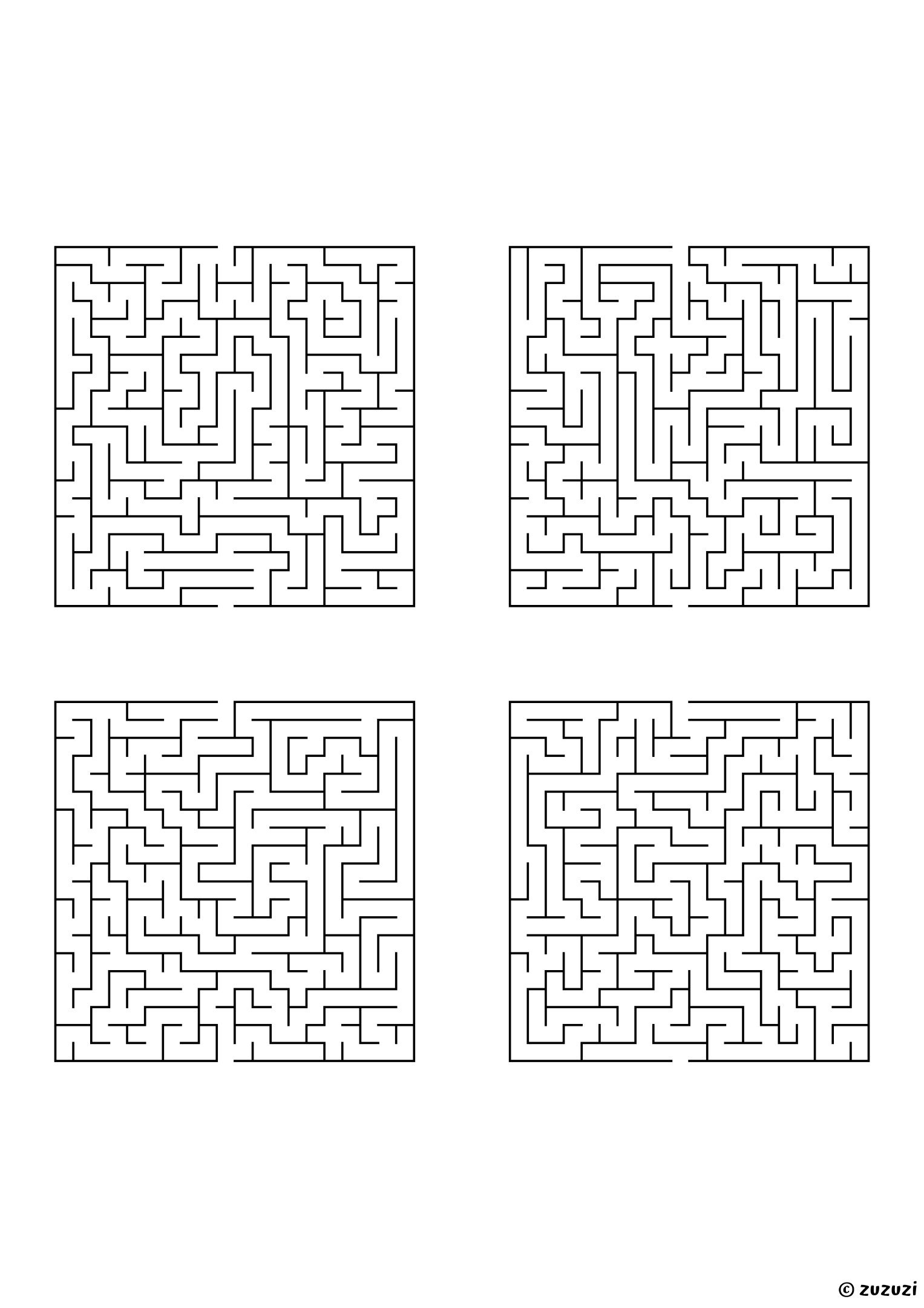 Very Hard rectangular mazes, black-and-white lines, designed for advanced young solvers. 4 mazes per page, variant 2.