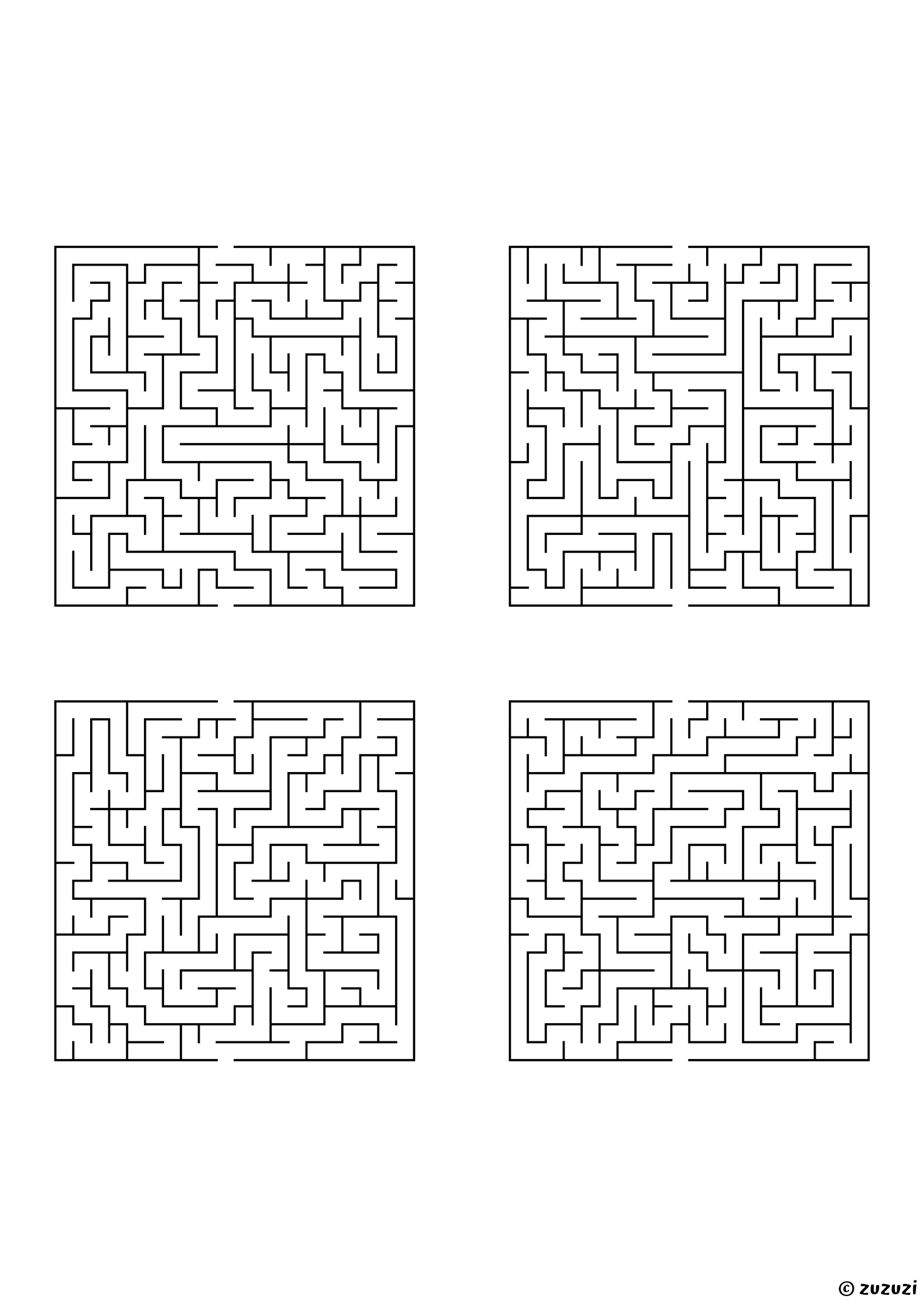 Very Hard rectangular mazes, black-and-white lines, designed for advanced young solvers. 4 mazes per page, variant 3.