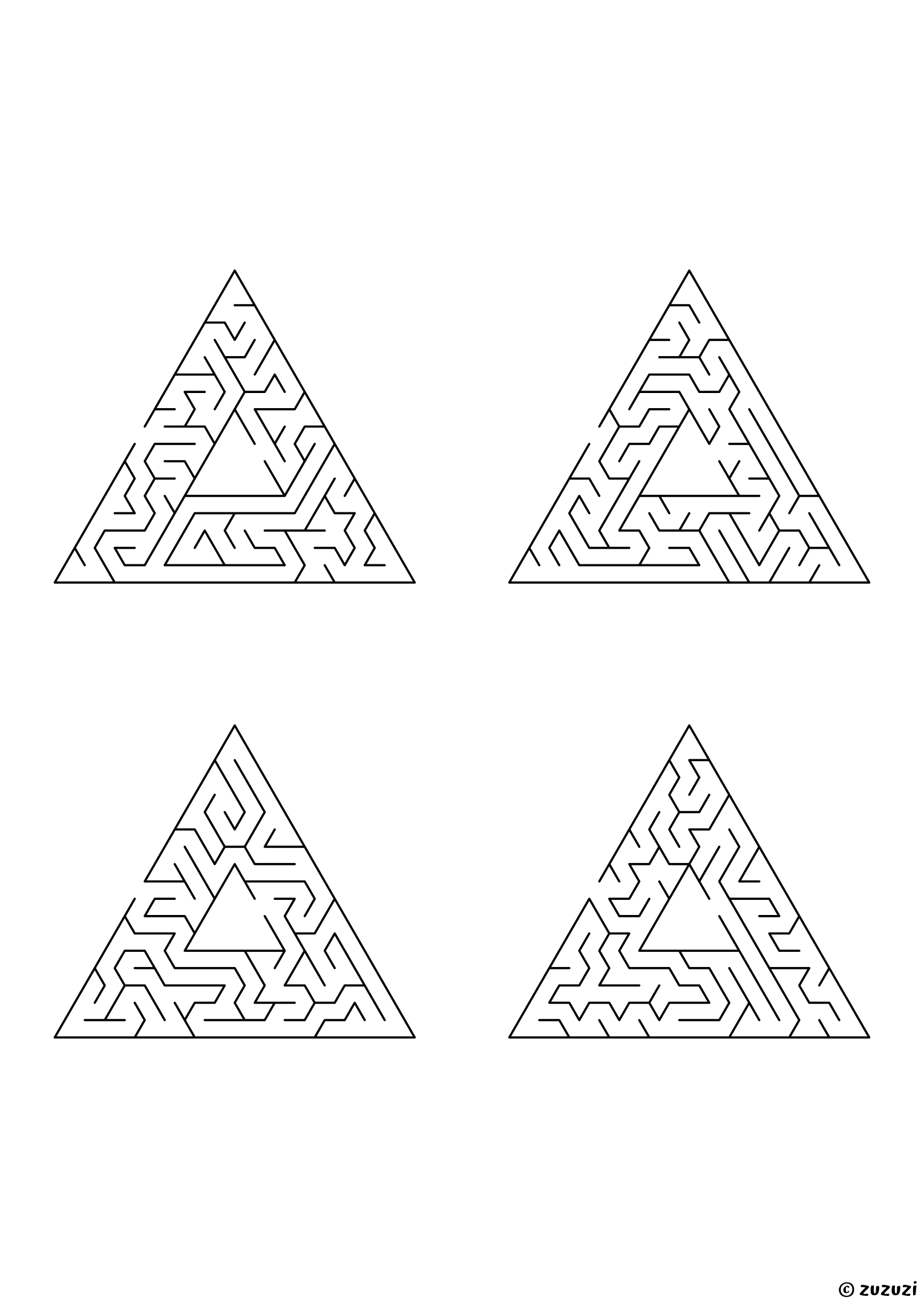 Very Hard triangular mazes, black-and-white lines, designed for advanced young solvers. 4 mazes per page, variant 2.