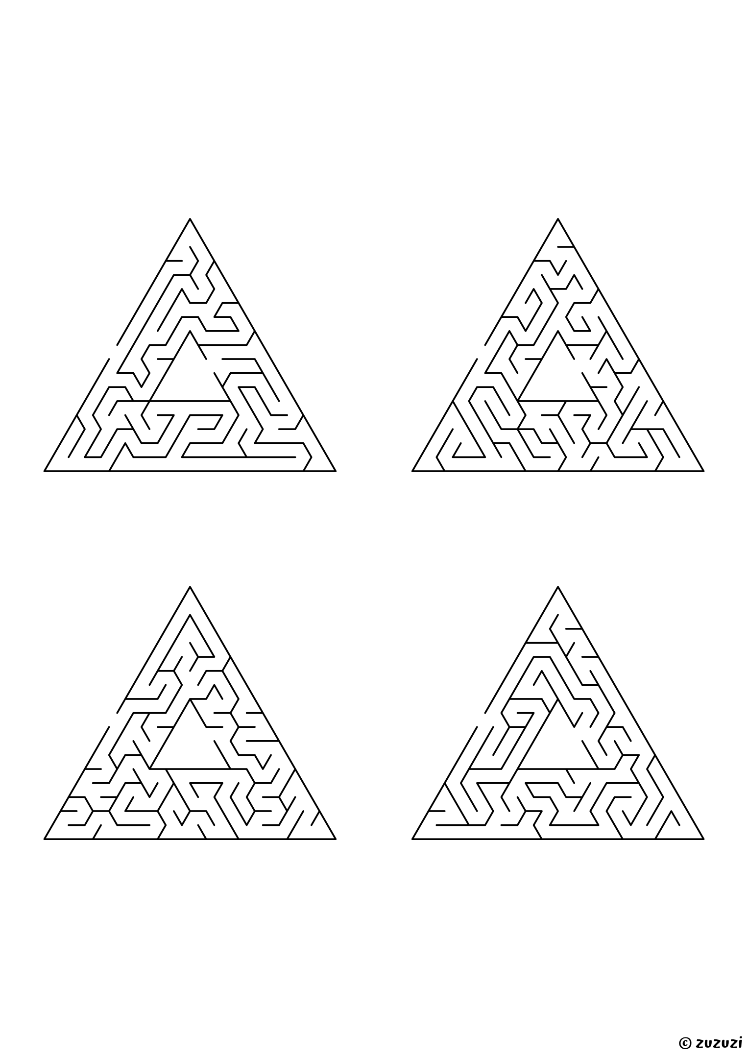 Very Hard triangular mazes, black-and-white lines, designed for advanced young solvers. 4 mazes per page, variant 3.