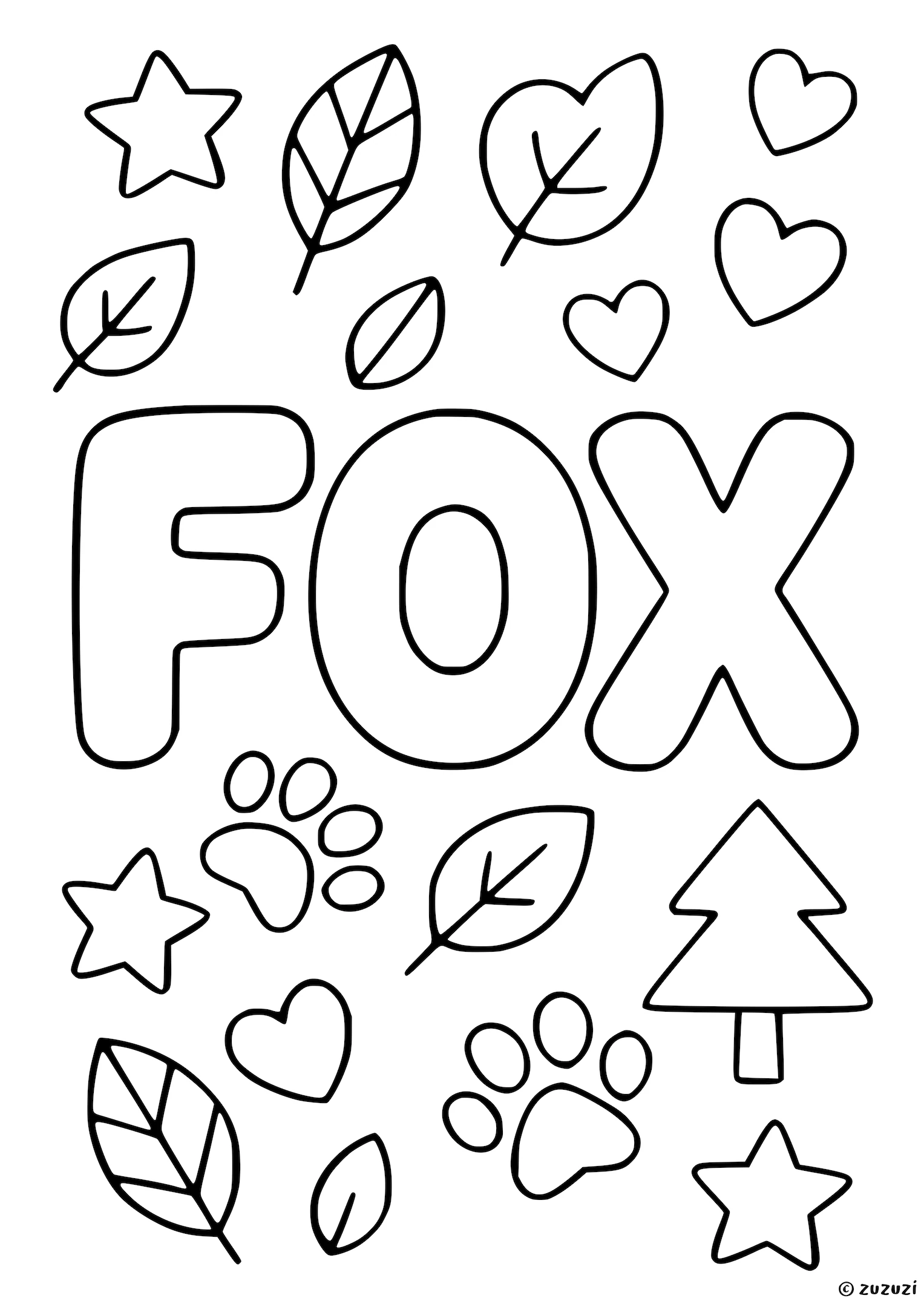 Coloring page of the word Fox in big bubble letters, decorated with hearts, stars, leaves, paw prints, and a tree.