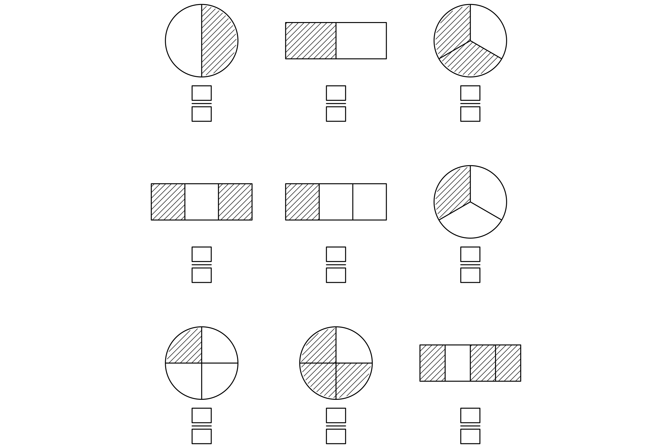 A fraction worksheet with circles and bars divided into equal parts, some parts shaded, in black and white.