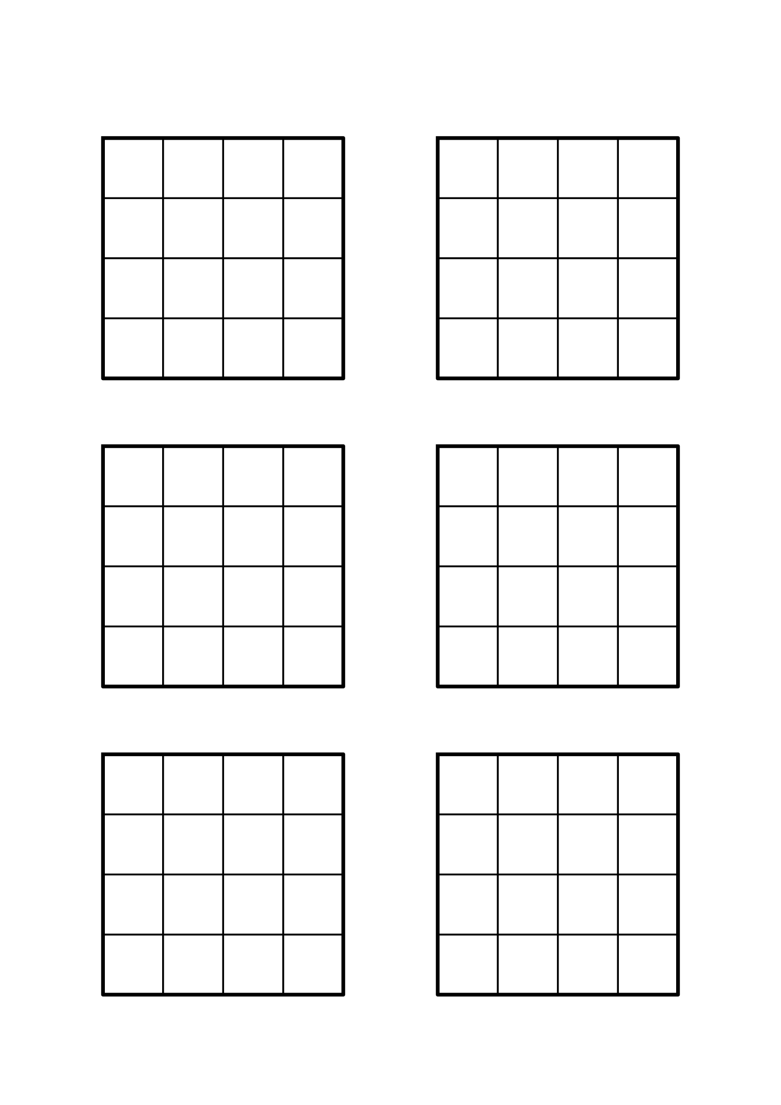 Six framed 4x4 grids with thin inner lines and a thick border.