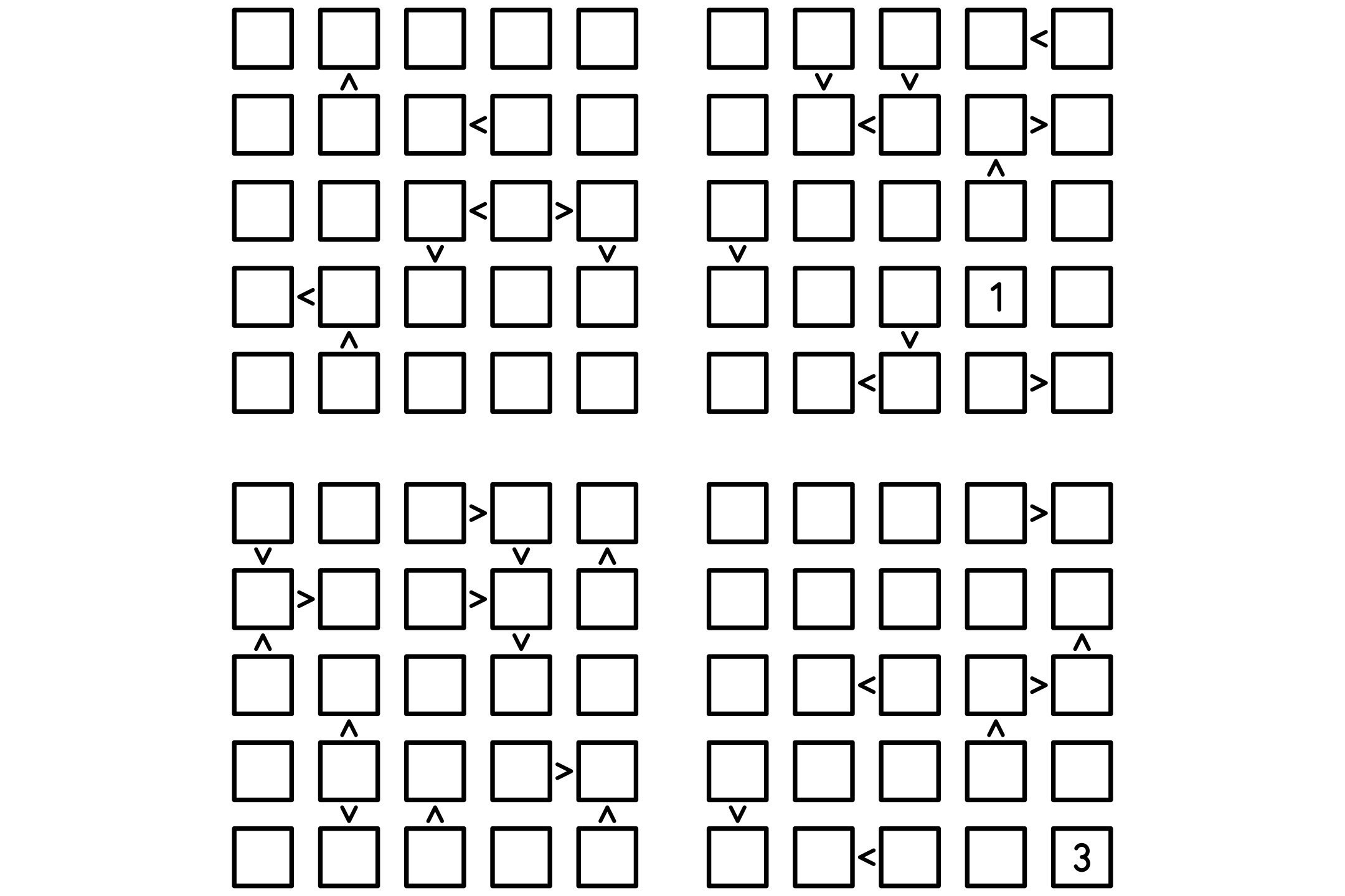 Four 5x5 futoshiki grids with inequality signs on one page, in black and white.