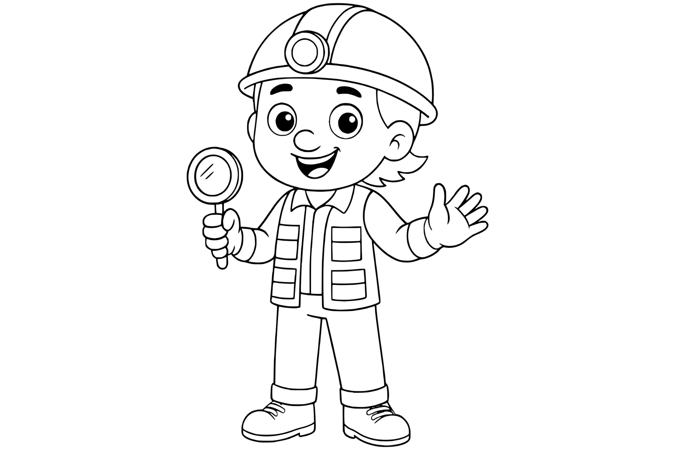 Smiling geologist wearing a helmet and utility vest, holding a magnifying glass in one hand and waving with the other.