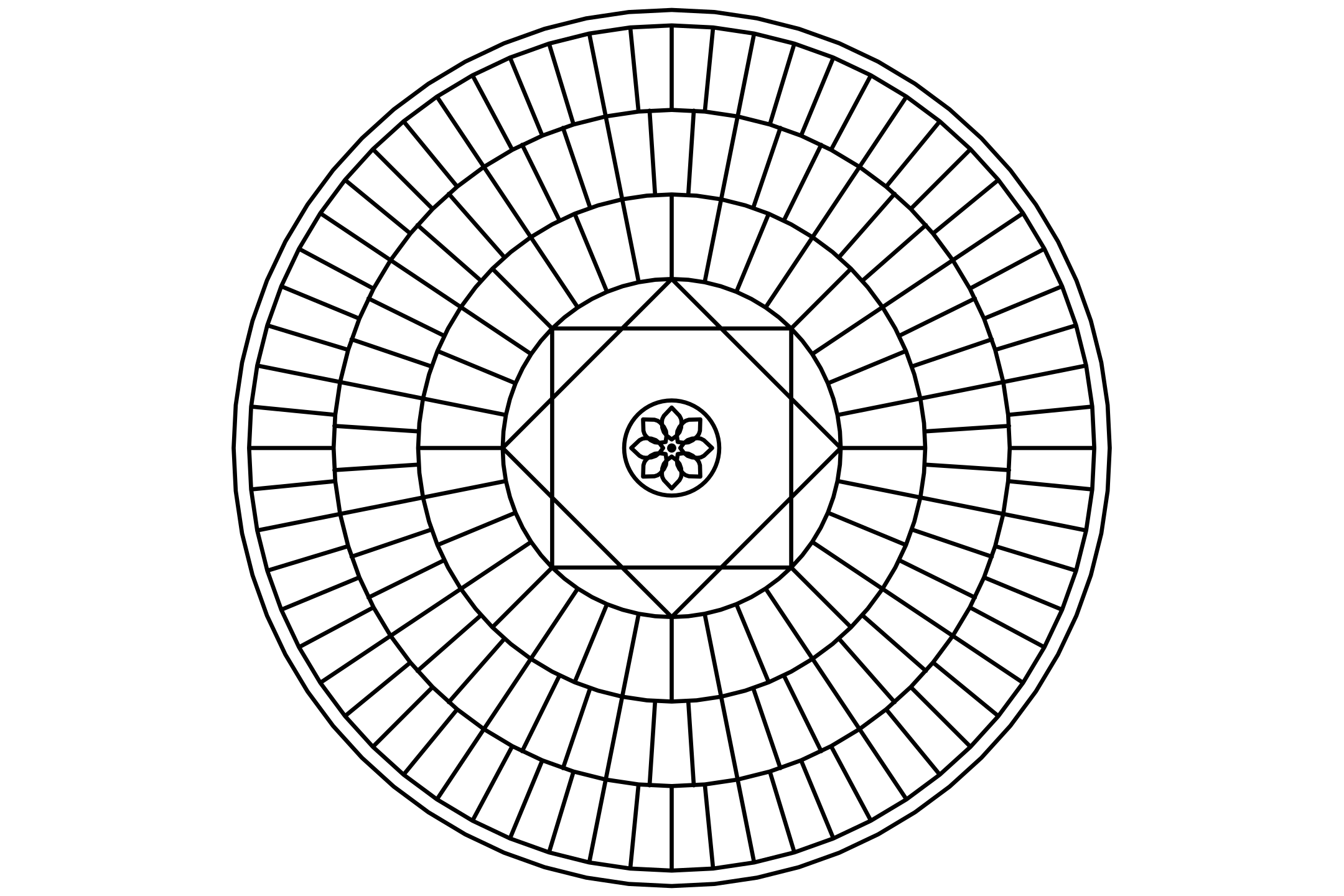 A rich geometric mandala to color in eight-fold symmetry: nested stars of two crossing squares with circles between them, drawn with one thin line.