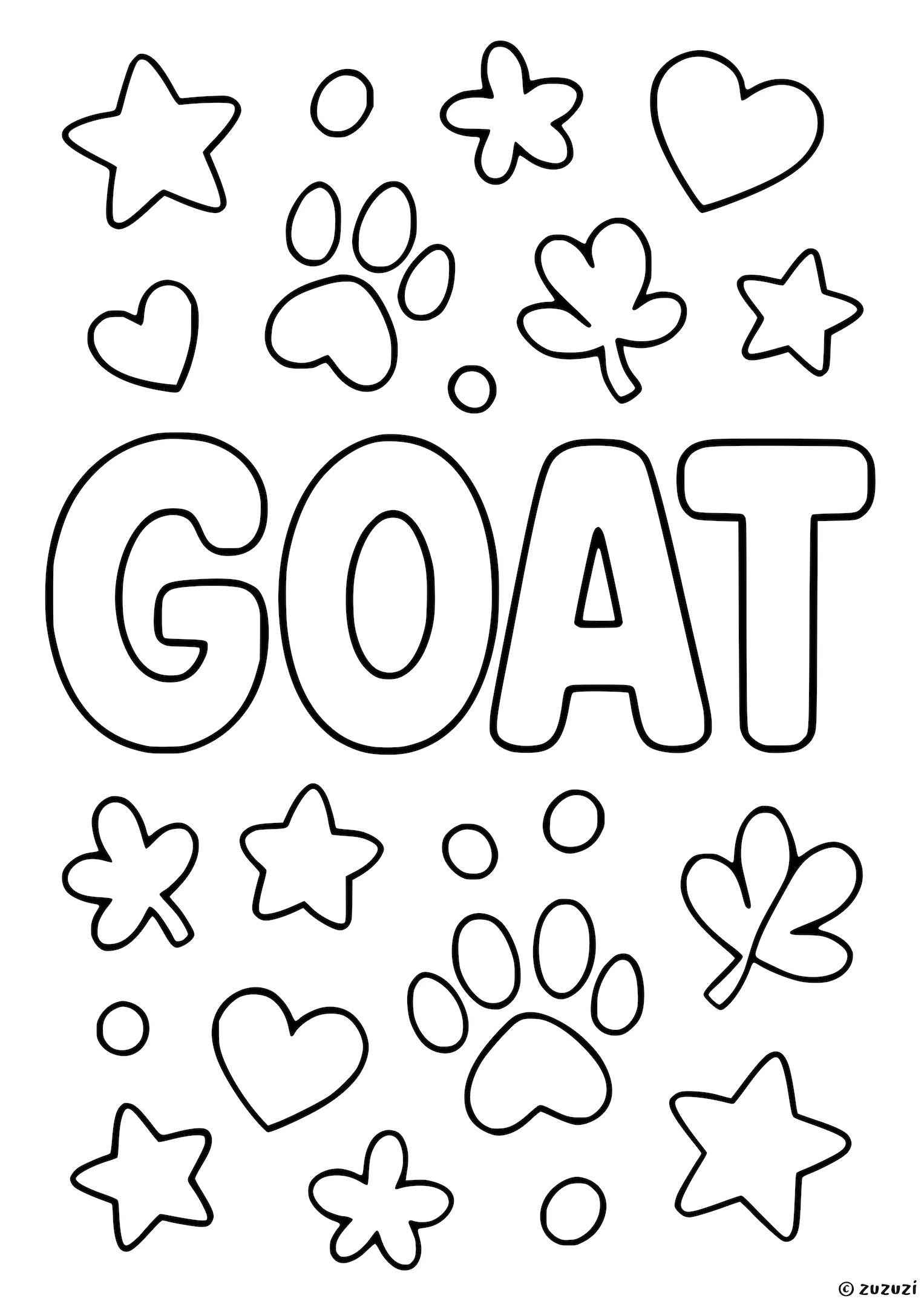 Coloring page of the word Goat in bold bubble letters, surrounded by stars, leaves, hearts, and paw prints.