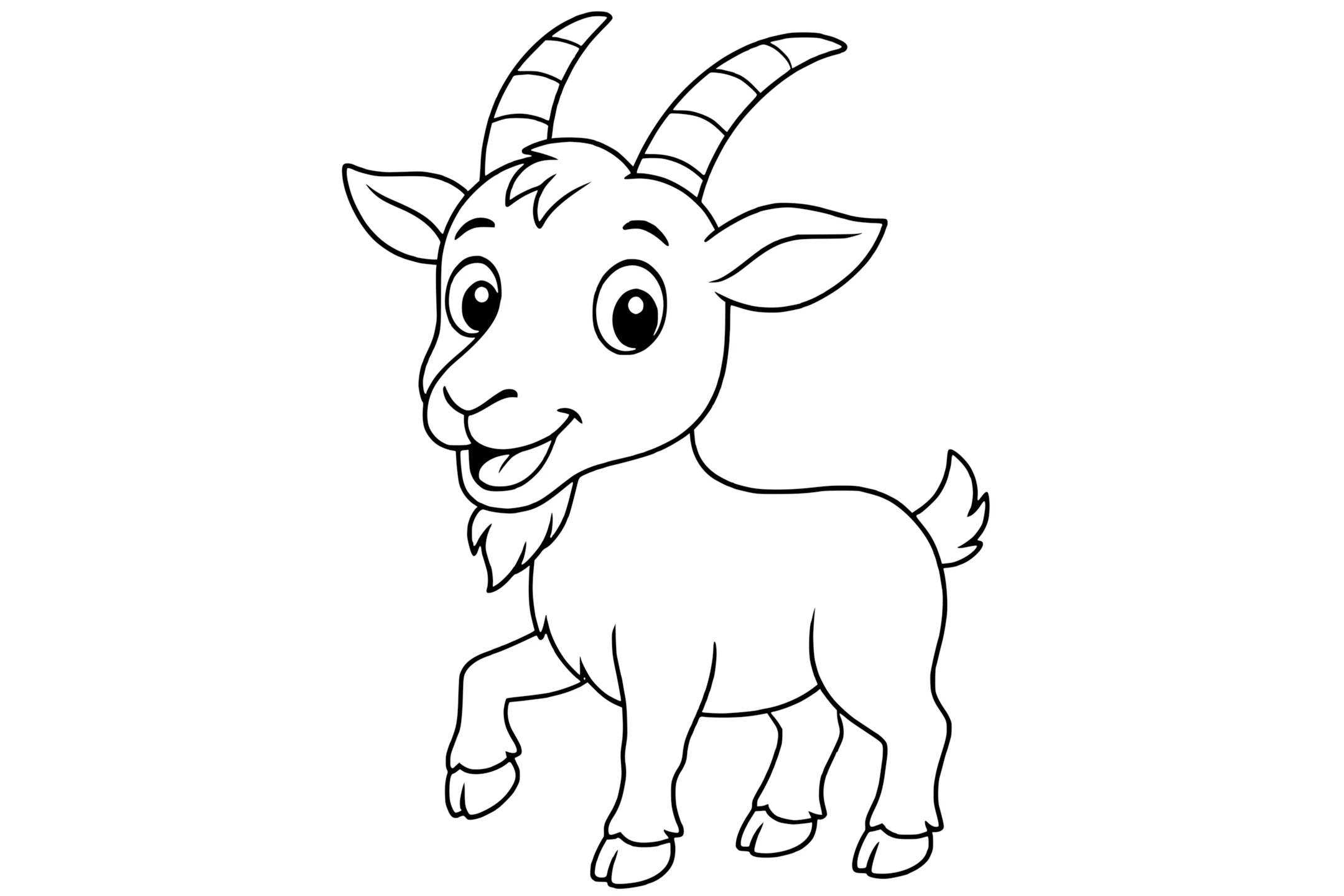 Goat with curved horns, a small beard, raised front leg, and a short tail.