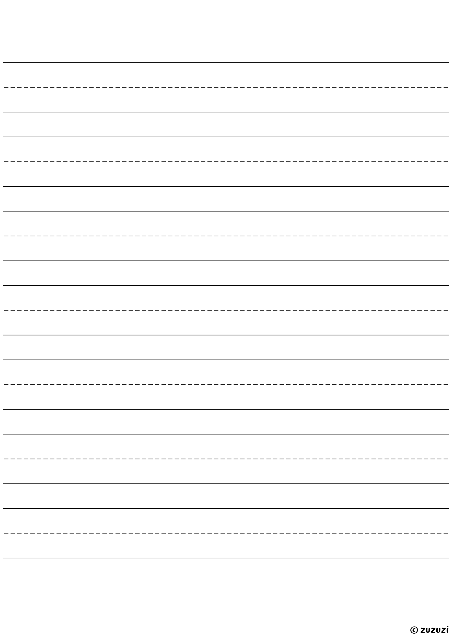 A handwriting practice paper layout with large letters, 7 rows per page, each with solid top and base lines and a dashed midline.